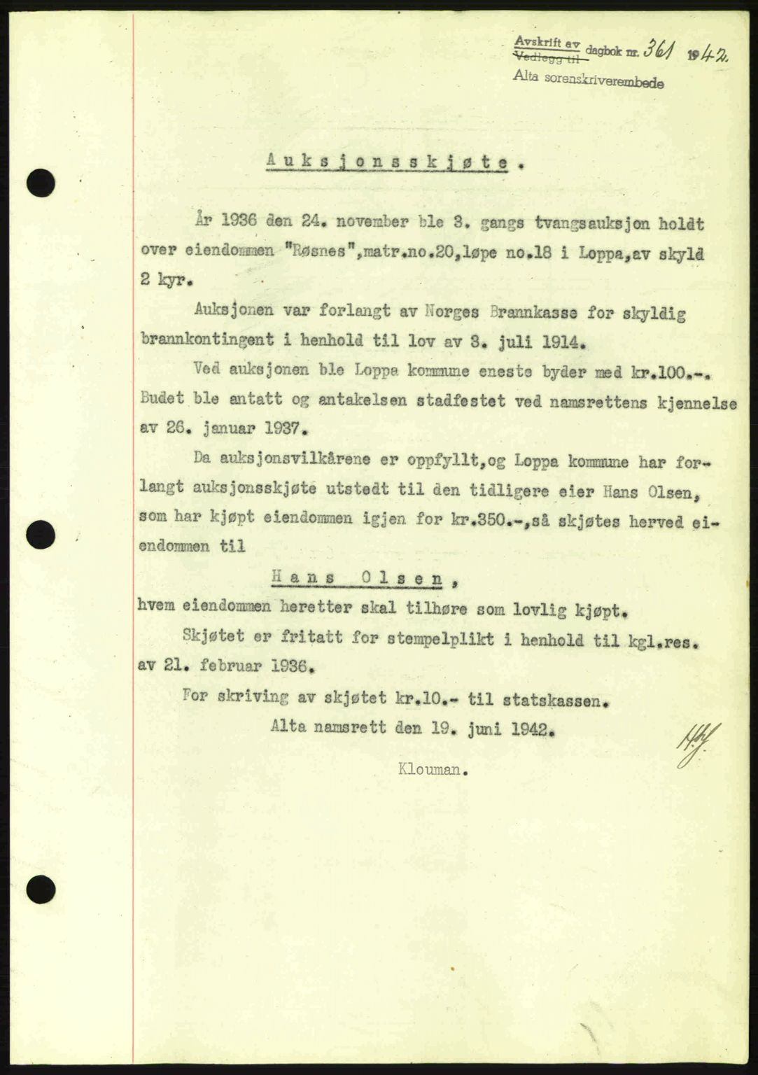 Alta fogderi/sorenskriveri, SATØ/SATØ-5/1/K/Kd/L0033pantebok: Mortgage book no. 33, 1940-1943, Diary no: : 361/1942