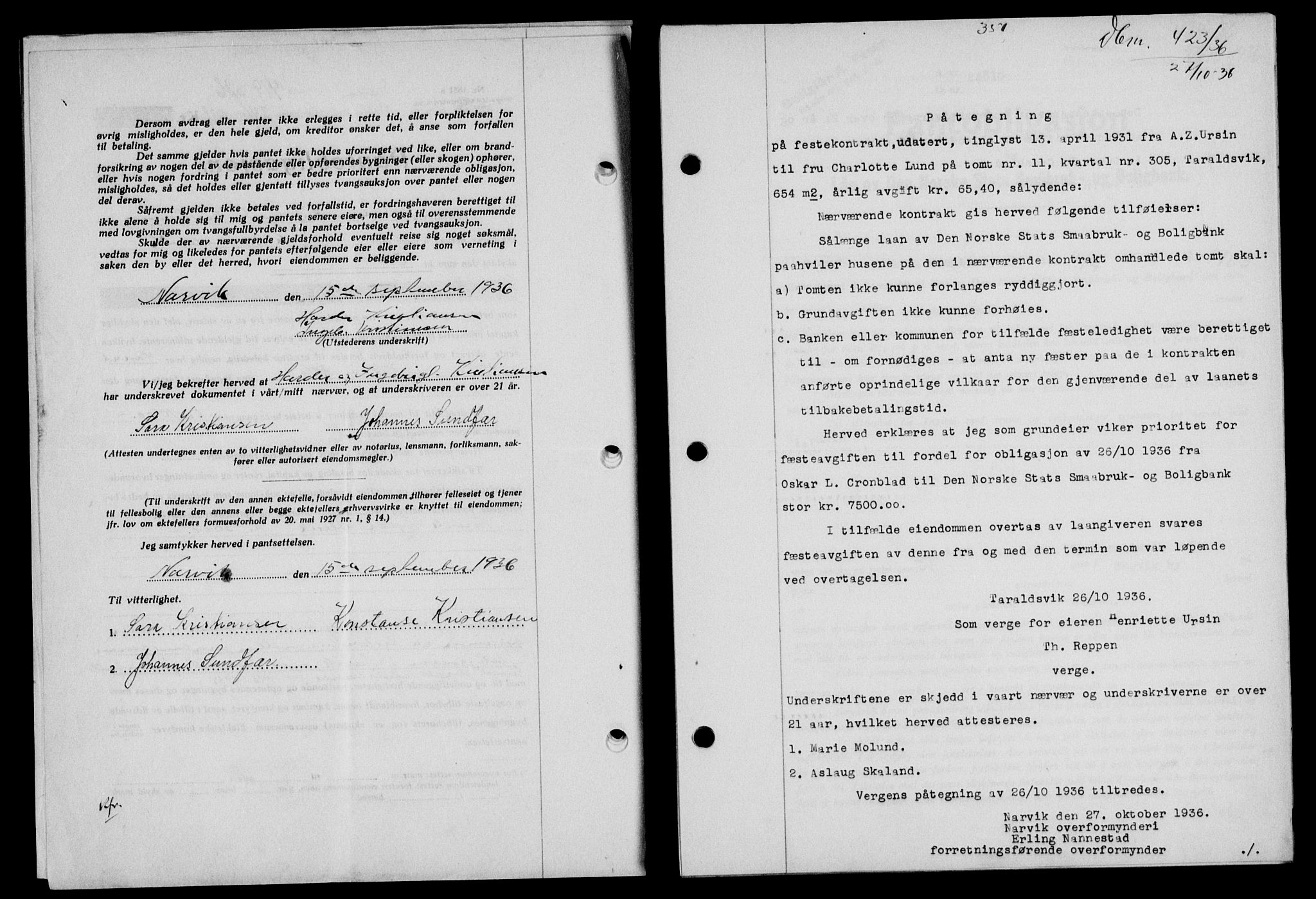 Narvik sorenskriveri, AV/SAT-A-0002/1/2/2C/2Ca/L0011: Mortgage book no. 14, 1935-1937, Deed date: 27.10.1936