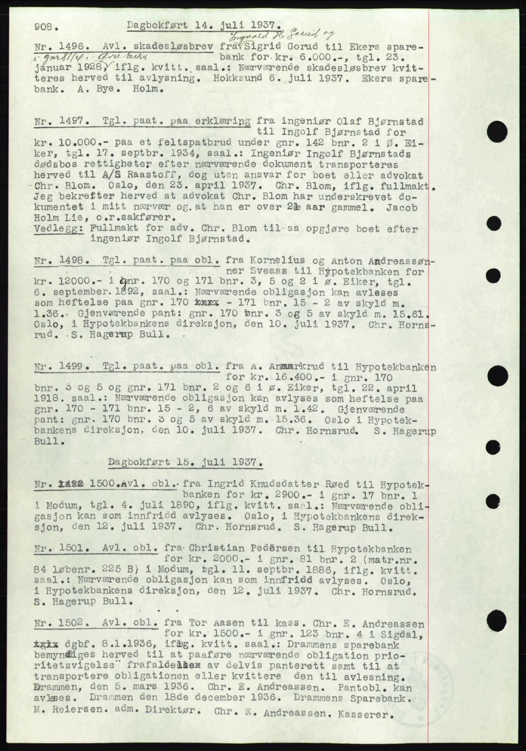 Eiker, Modum og Sigdal sorenskriveri, SAKO/A-123/G/Ga/Gab/L0035: Mortgage book no. A5, 1937-1937, Diary no: : 1496/1937