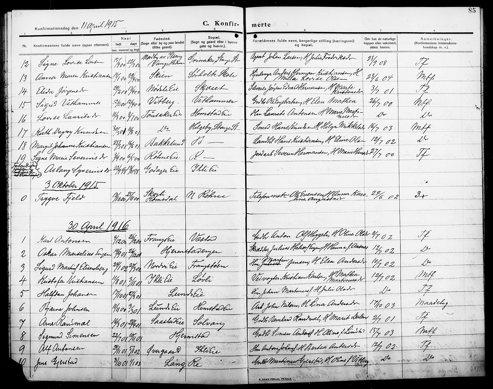 Stange prestekontor, SAH/PREST-002/L/L0014: Parish register (copy) no. 14, 1909-1917, p. 85