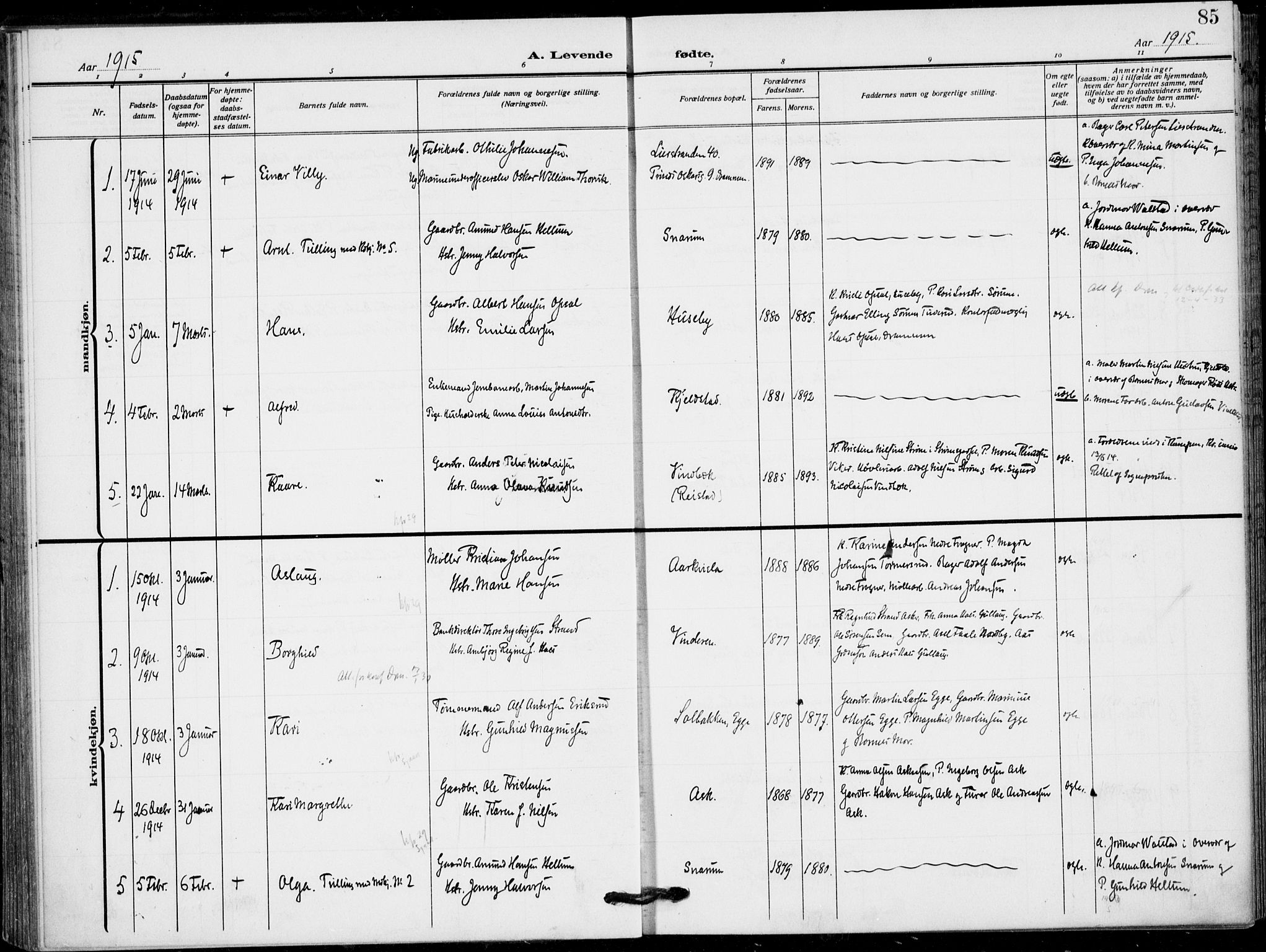 Lier kirkebøker, AV/SAKO-A-230/F/Fa/L0018: Parish register (official) no. I 18, 1909-1917, p. 85