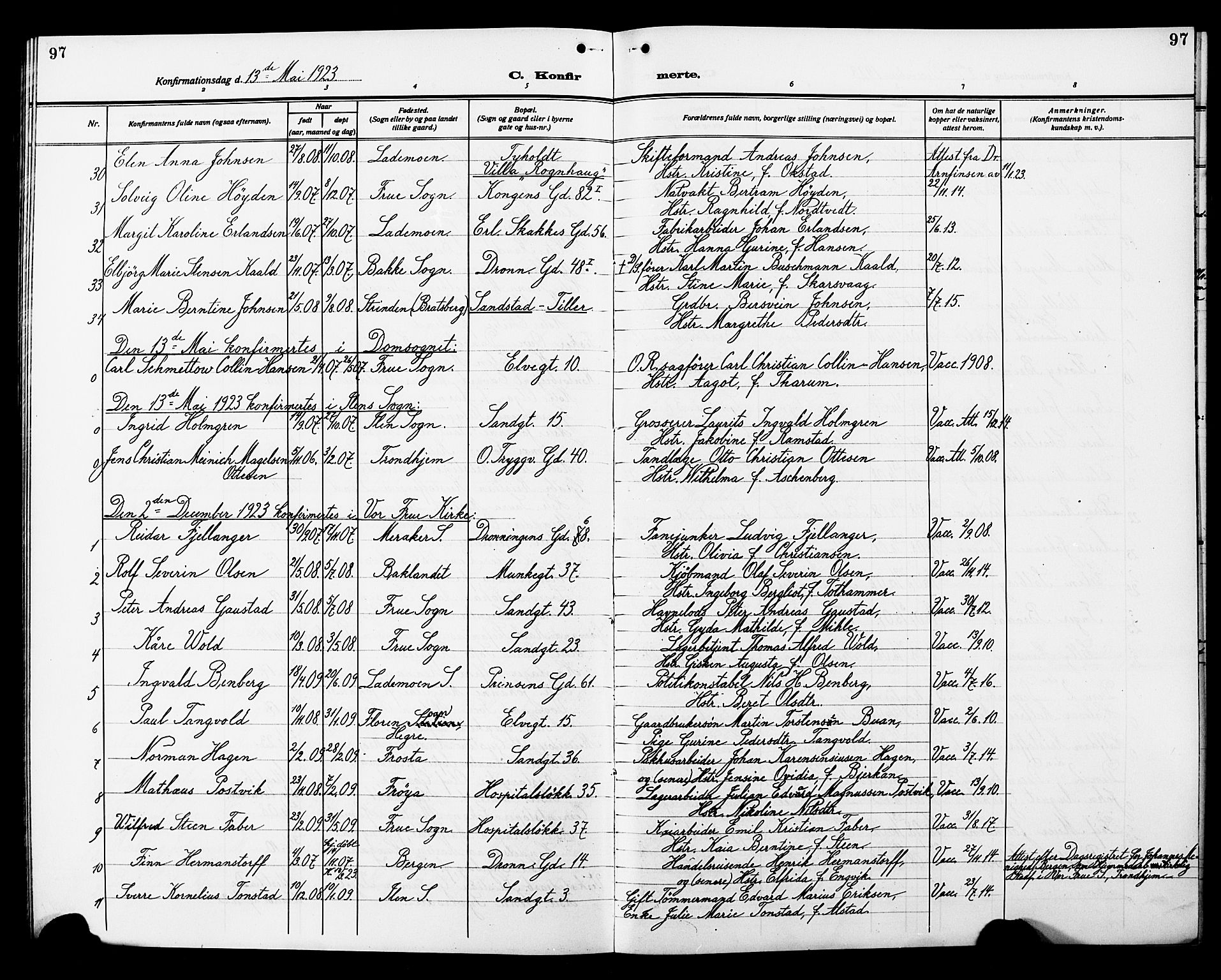 Ministerialprotokoller, klokkerbøker og fødselsregistre - Sør-Trøndelag, SAT/A-1456/602/L0147: Parish register (copy) no. 602C15, 1911-1924, p. 97