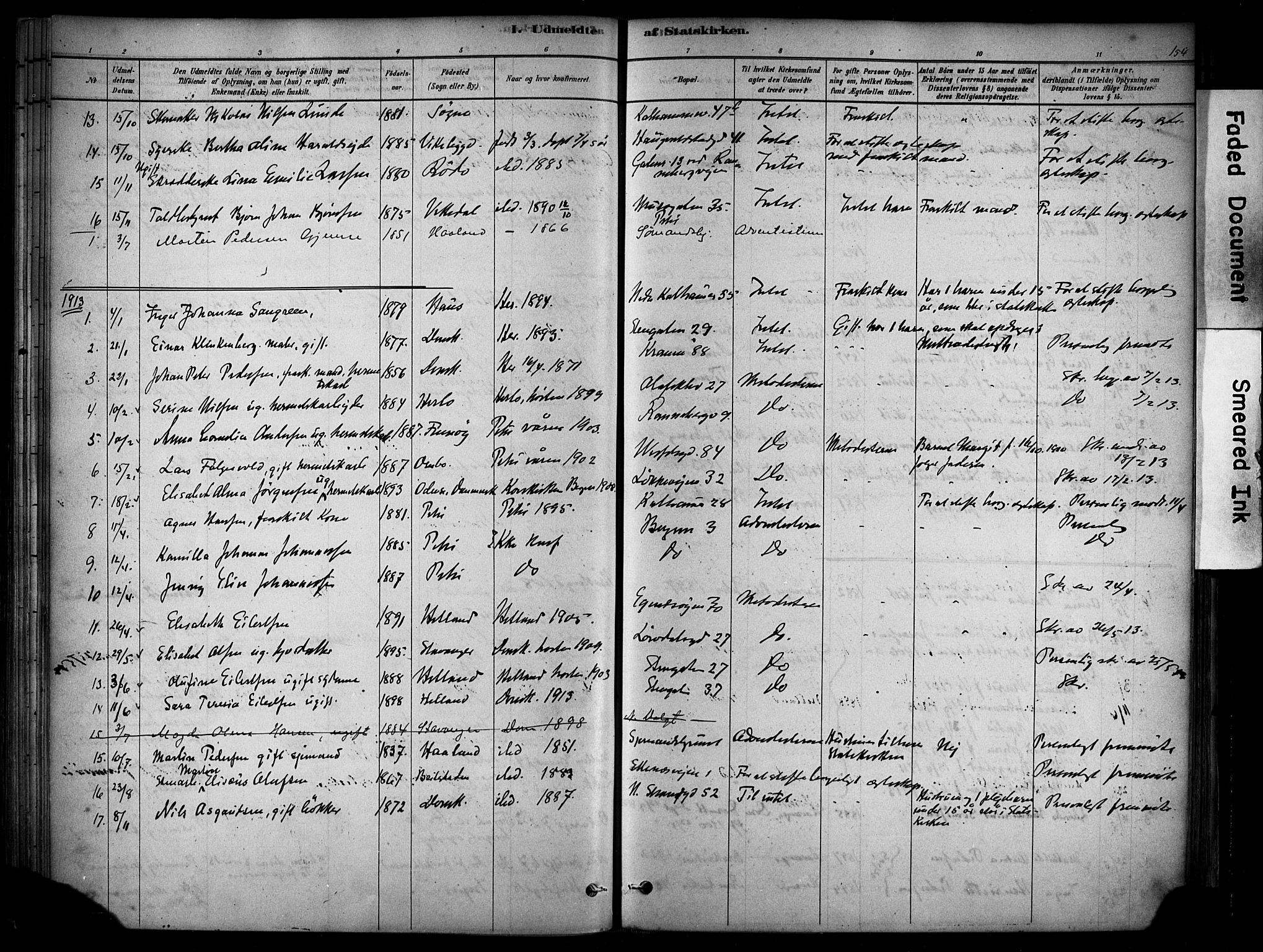 Domkirken sokneprestkontor, SAST/A-101812/001/30/30BA/L0025: Parish register (official) no. A 24, 1877-1927, p. 154
