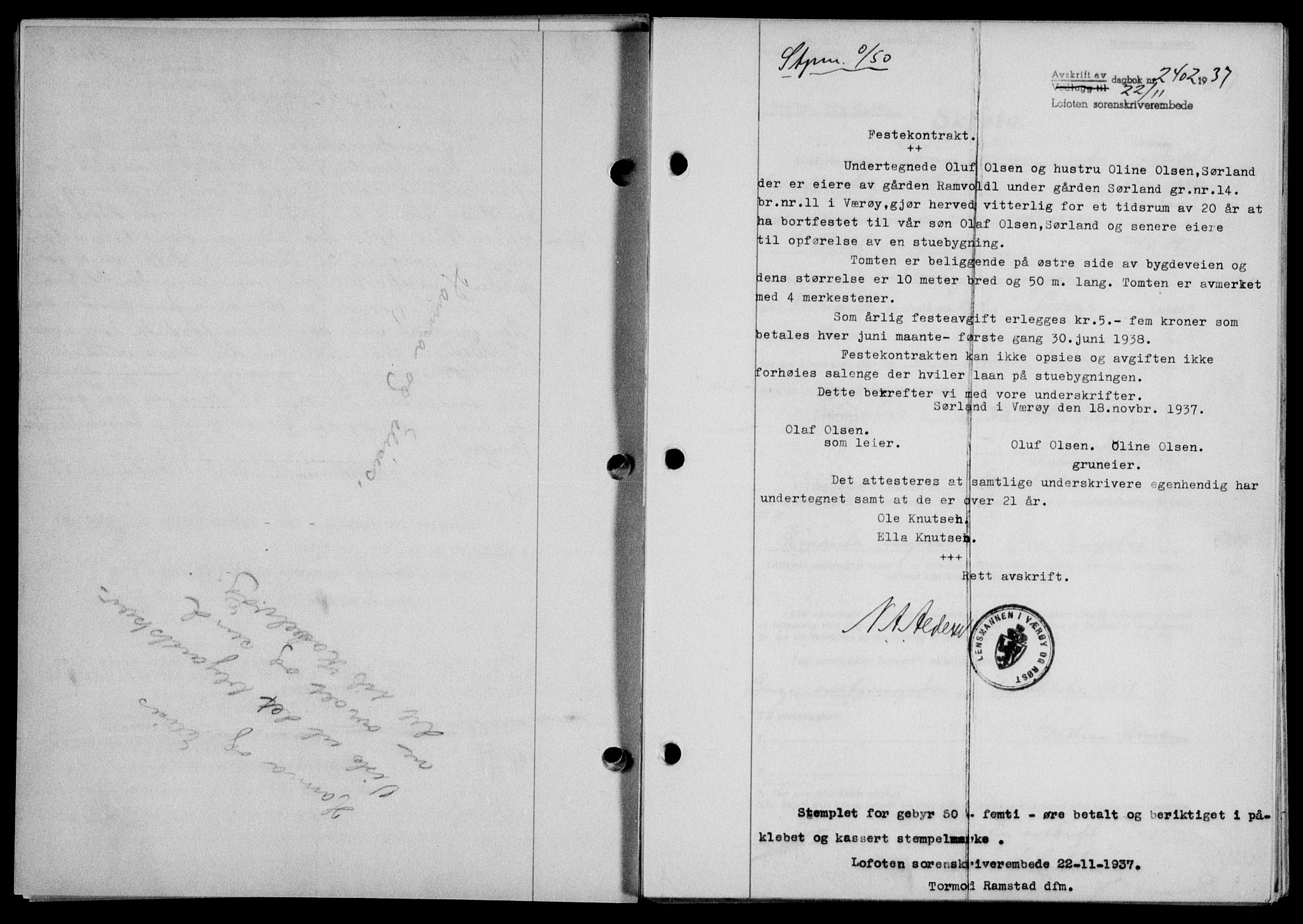 Lofoten sorenskriveri, SAT/A-0017/1/2/2C/L0003a: Mortgage book no. 3a, 1937-1938, Diary no: : 2402/1937