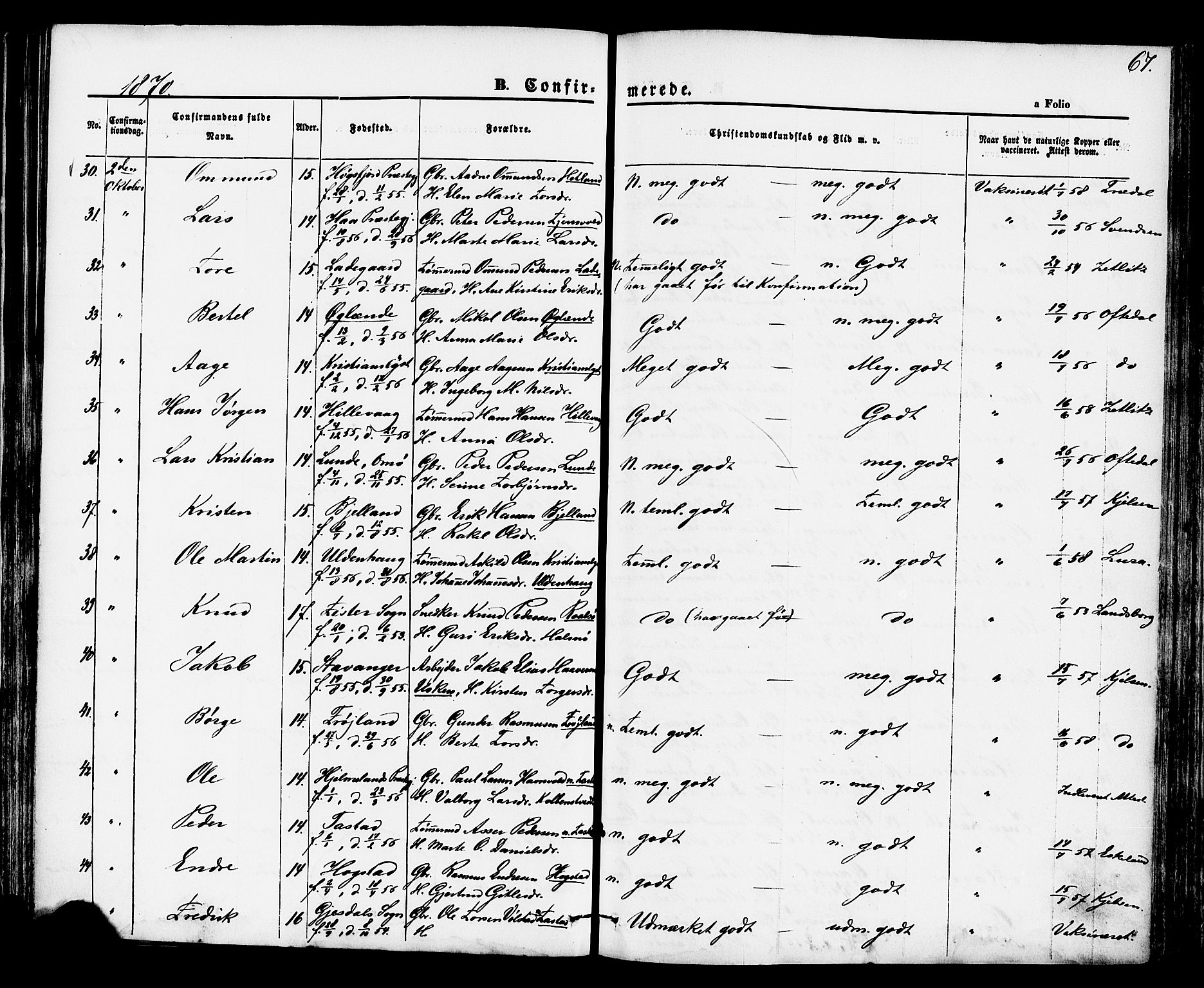 Hetland sokneprestkontor, AV/SAST-A-101826/30/30BA/L0004: Parish register (official) no. A 4, 1862-1881, p. 67