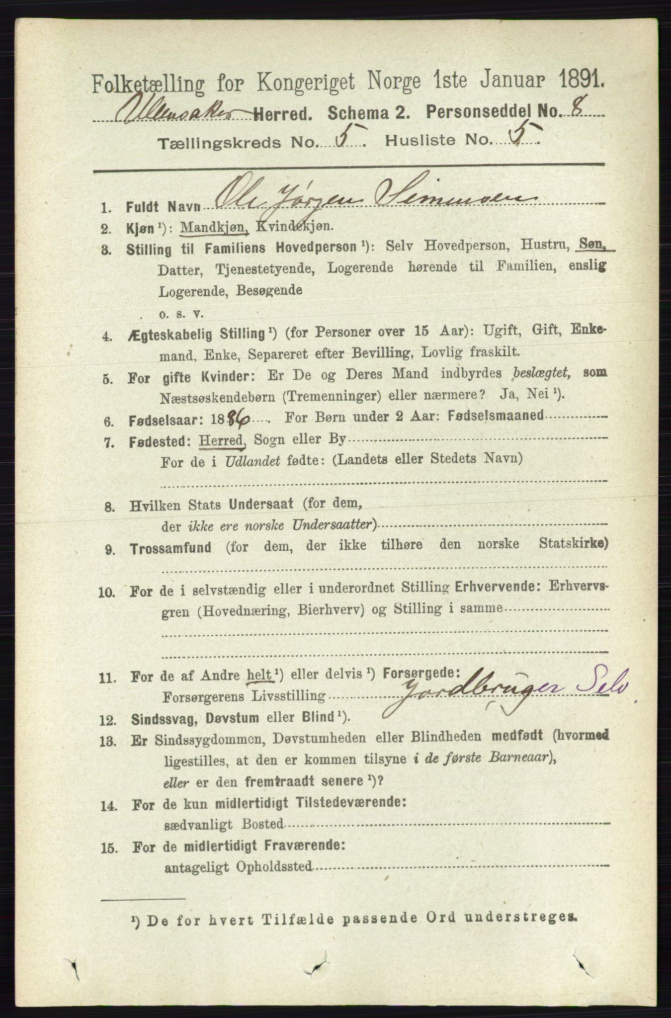 RA, 1891 census for 0235 Ullensaker, 1891, p. 2125