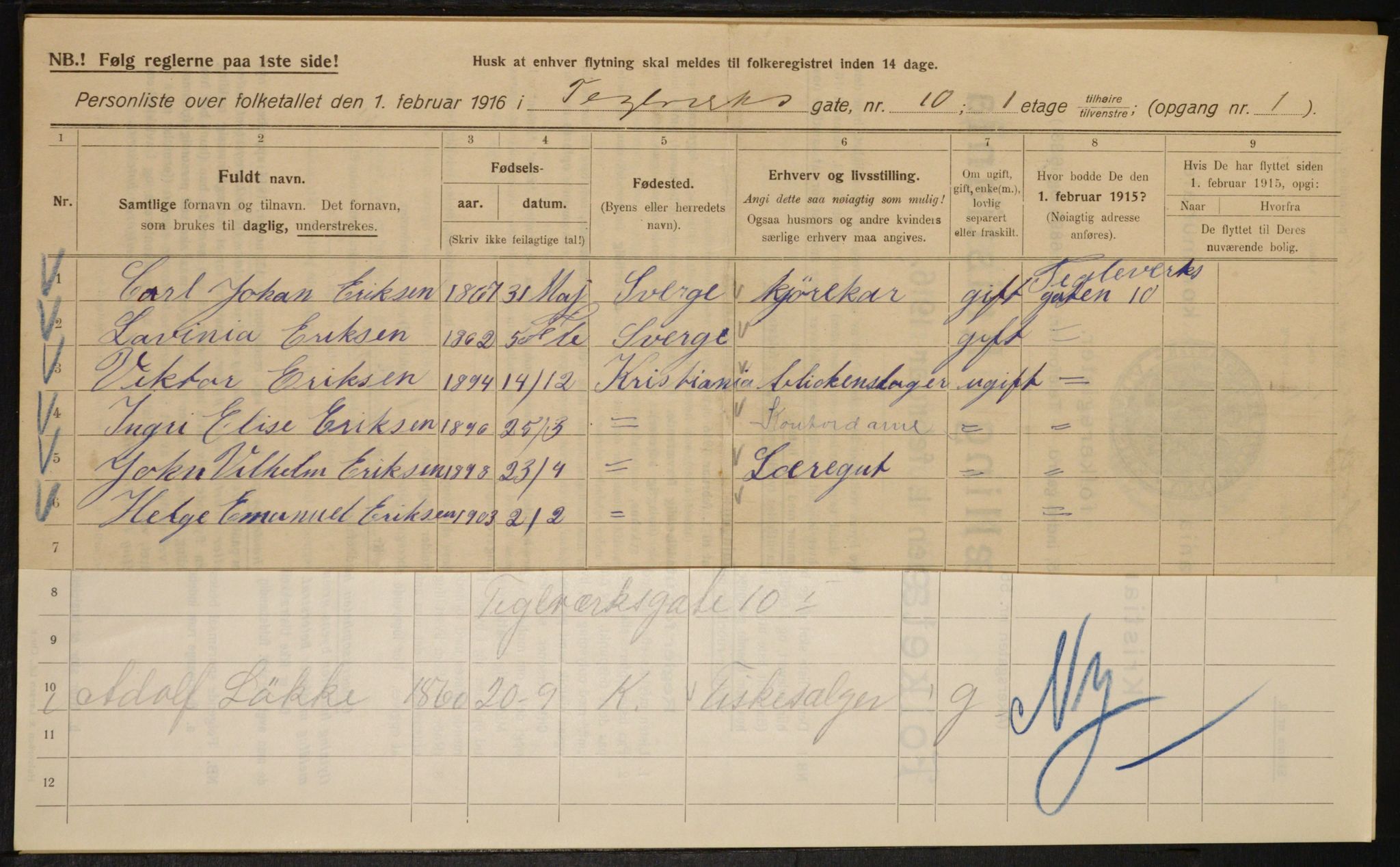 OBA, Municipal Census 1916 for Kristiania, 1916, p. 110496