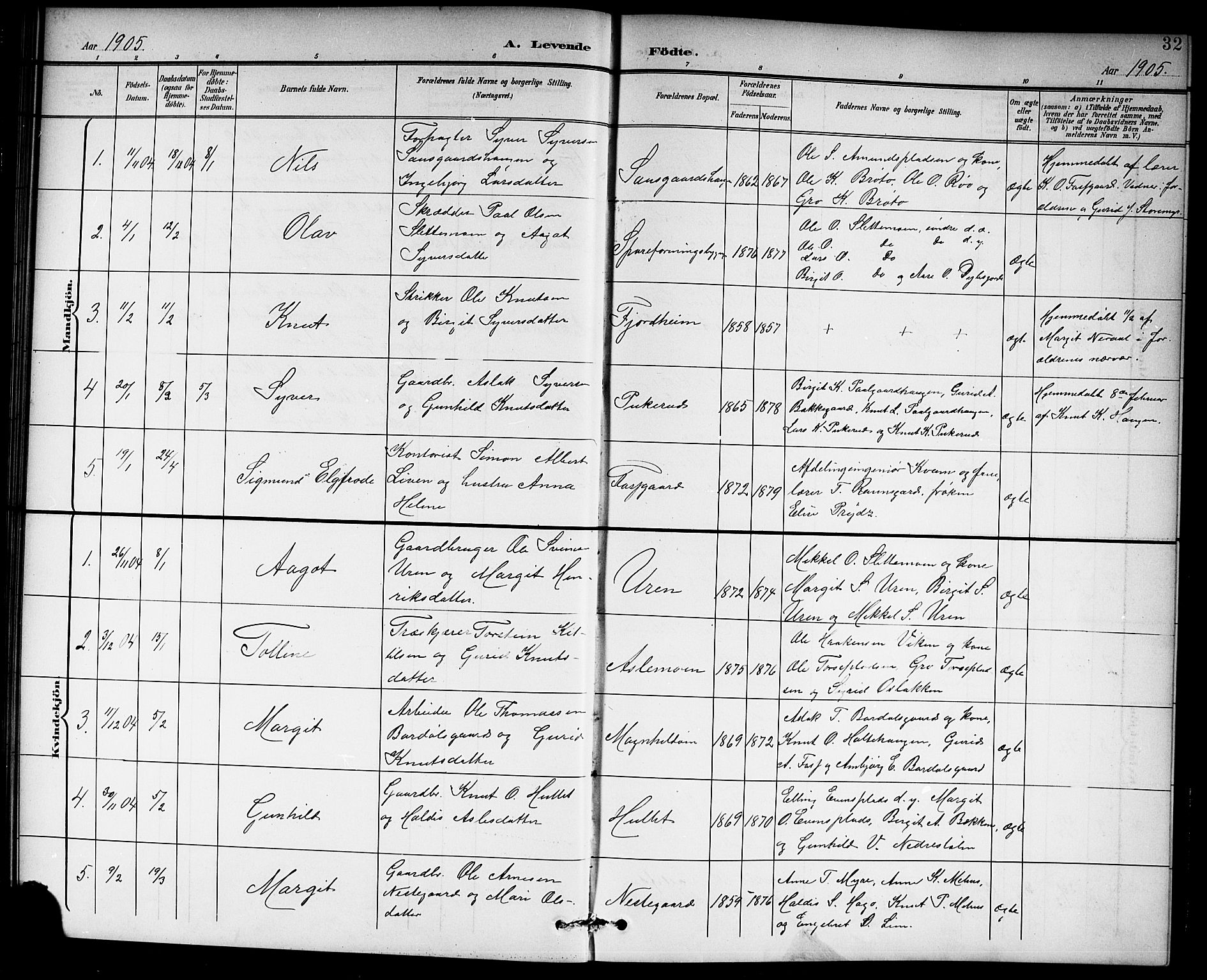 Hol kirkebøker, SAKO/A-227/G/Ga/L0001: Parish register (copy) no. I 1, 1900-1919, p. 32