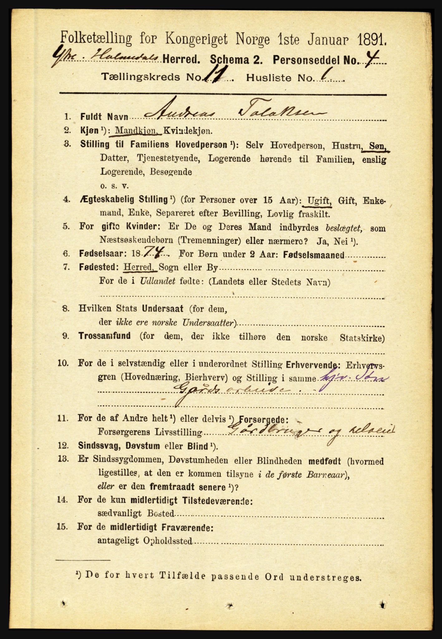 RA, 1891 census for 1429 Ytre Holmedal, 1891, p. 2789