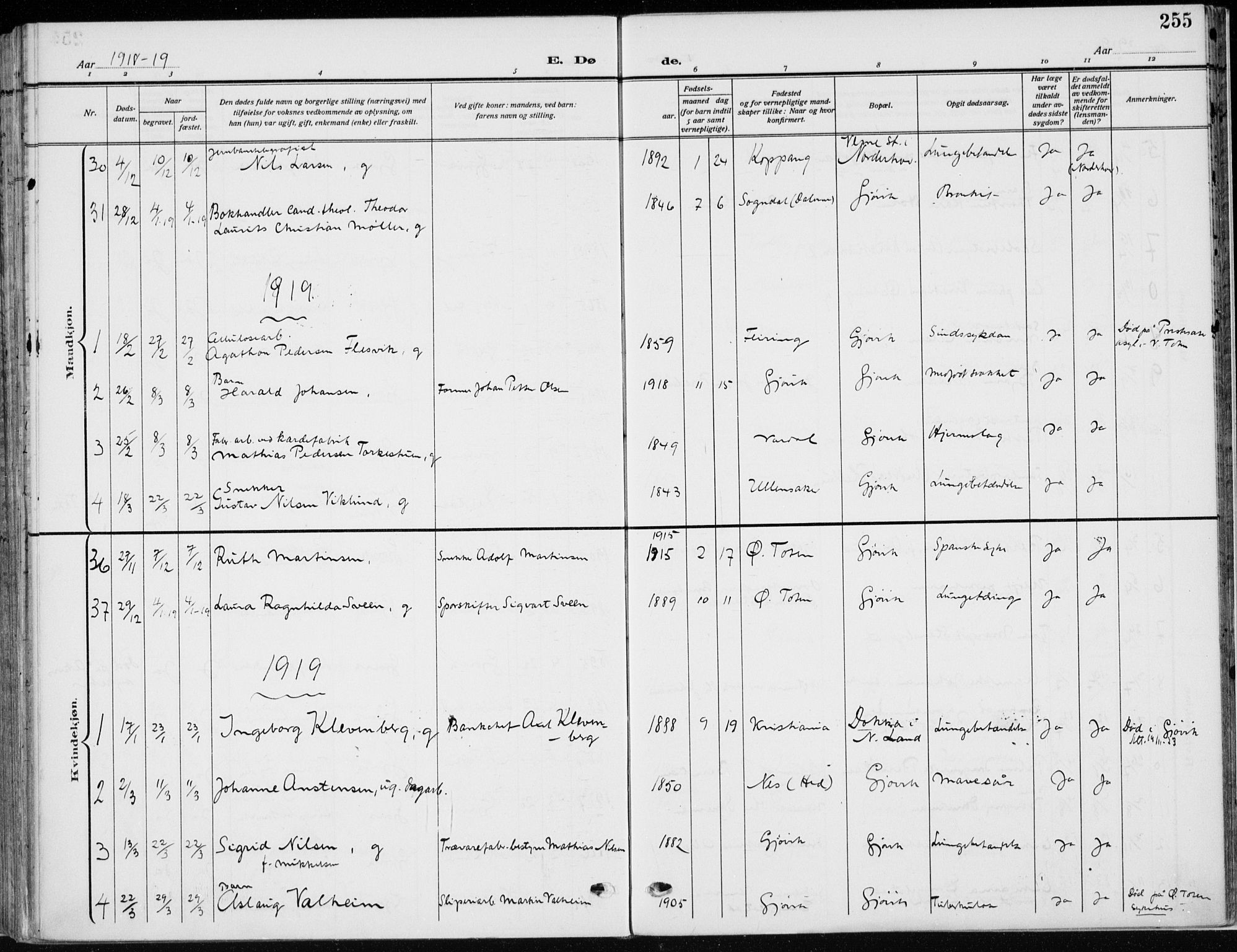 Vardal prestekontor, SAH/PREST-100/H/Ha/Haa/L0014: Parish register (official) no. 14, 1912-1922, p. 255
