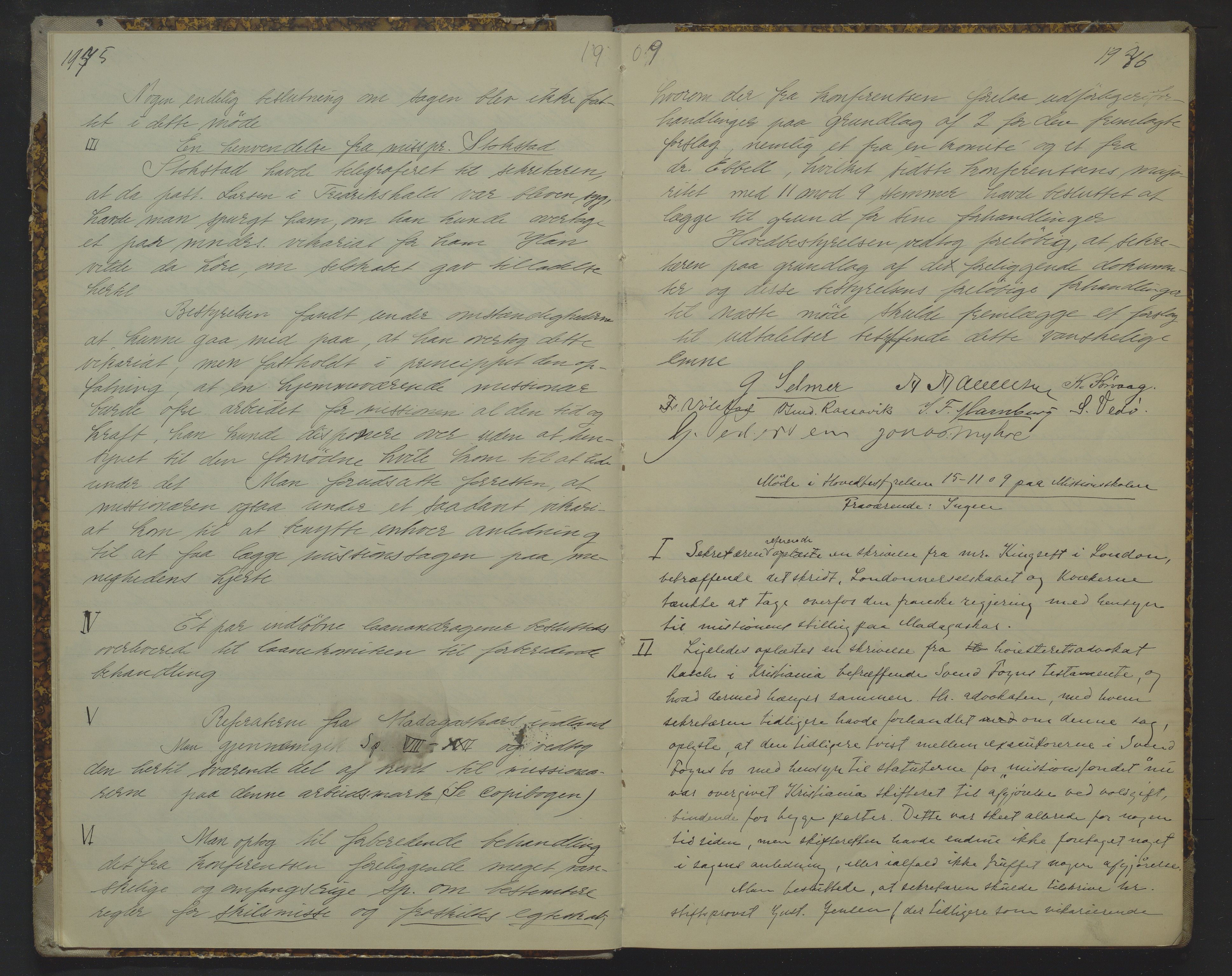 Det Norske Misjonsselskap - hovedadministrasjonen, VID/MA-A-1045/D/Da/Daa/L0019: Styreprotokoll nr. XIII, 25. oktober 1909 - 29. januar 1912, 1909-1912, p. 1975-1976