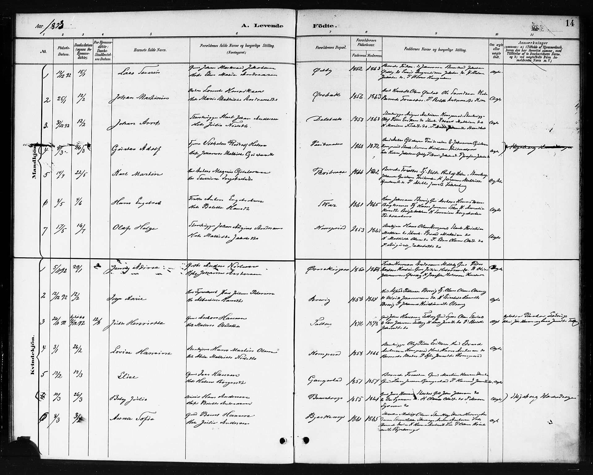Skjeberg prestekontor Kirkebøker, SAO/A-10923/F/Fb/L0001: Parish register (official) no. II 1, 1886-1894, p. 14