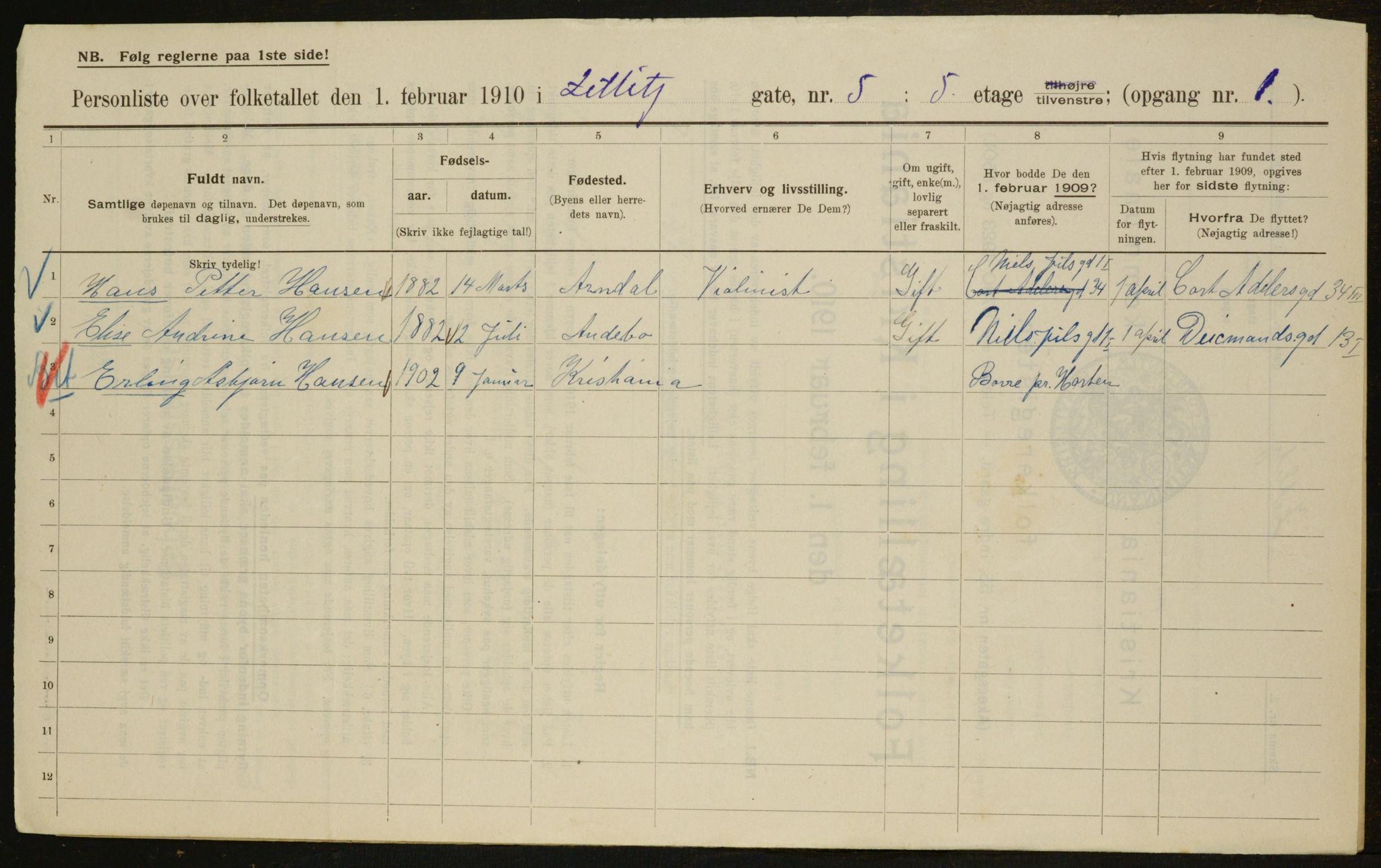 OBA, Municipal Census 1910 for Kristiania, 1910, p. 122026