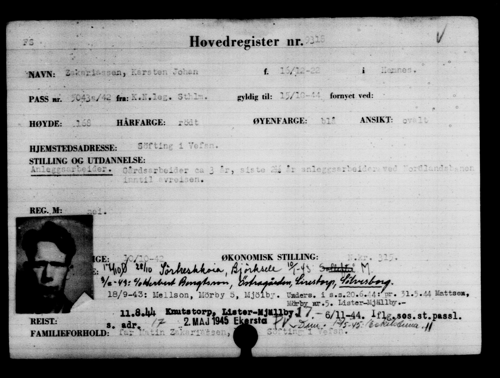 Utenriksstasjonene, Legasjonen i Stockholm, Flyktningkontoret, AV/RA-S-6753/V/Va/L0005: Kjesäterkartoteket, flyktninger med registreringsnr. 6600-9417, 1940-1945, p. 3209