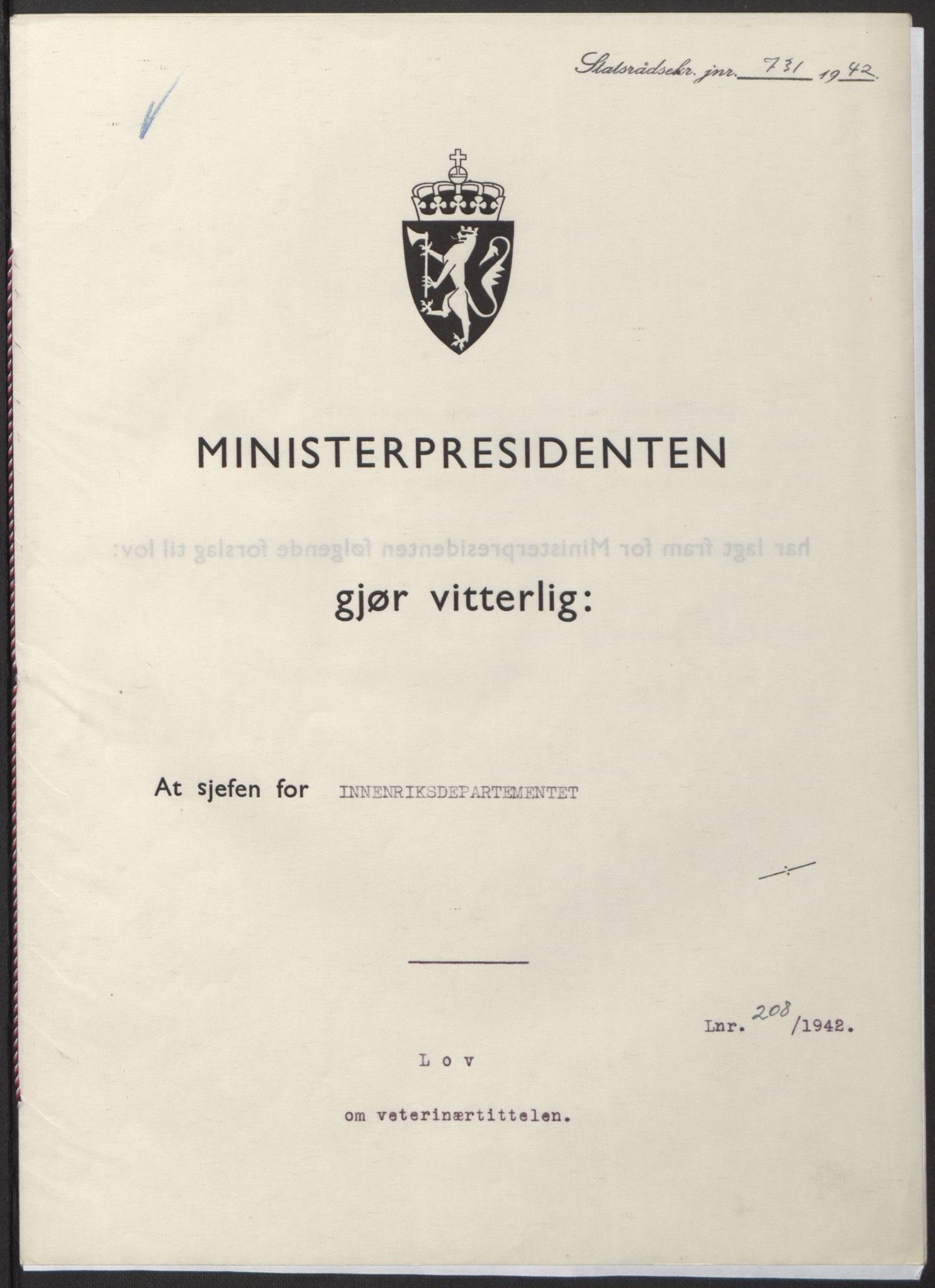 NS-administrasjonen 1940-1945 (Statsrådsekretariatet, de kommisariske statsråder mm), RA/S-4279/D/Db/L0098: Lover II, 1942, p. 457