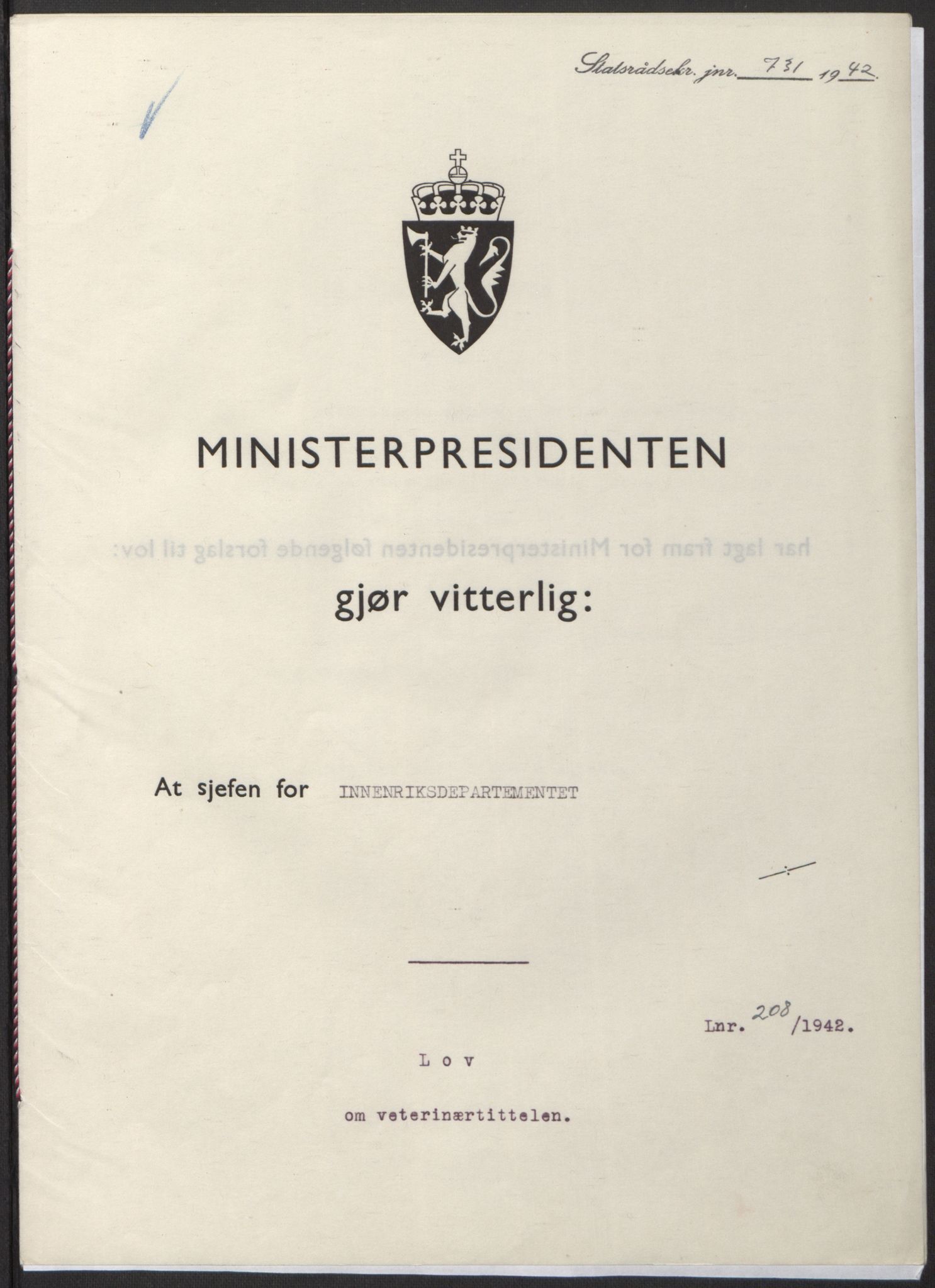 NS-administrasjonen 1940-1945 (Statsrådsekretariatet, de kommisariske statsråder mm), AV/RA-S-4279/D/Db/L0098: Lover II, 1942, p. 457
