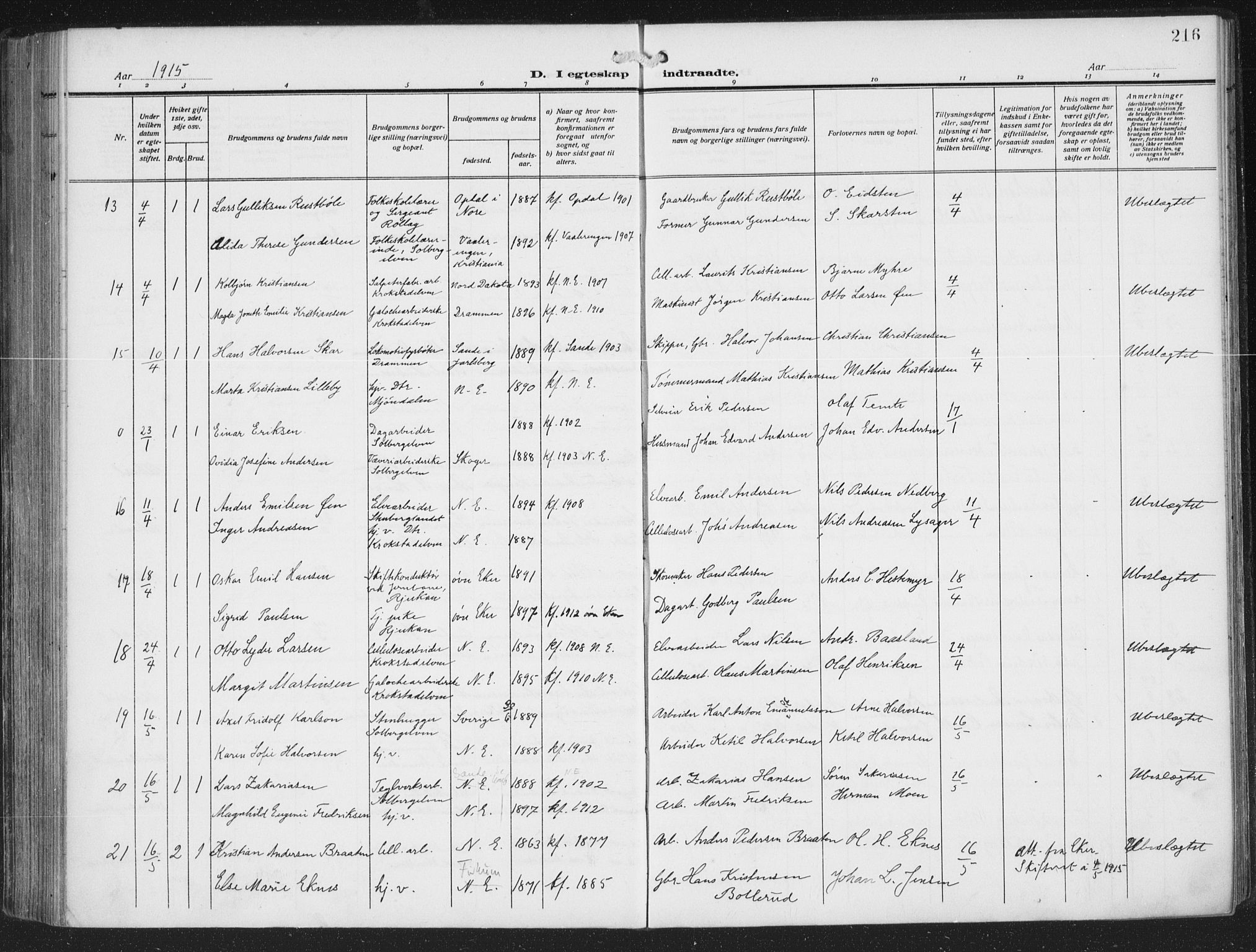 Nedre Eiker kirkebøker, SAKO/A-612/F/Fa/L0007: Parish register (official) no. 7, 1912-1918, p. 216