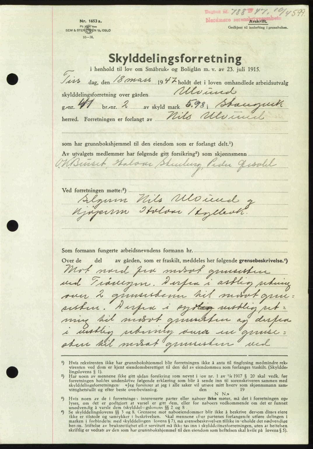 Nordmøre sorenskriveri, AV/SAT-A-4132/1/2/2Ca: Mortgage book no. A104, 1947-1947, Diary no: : 788/1947