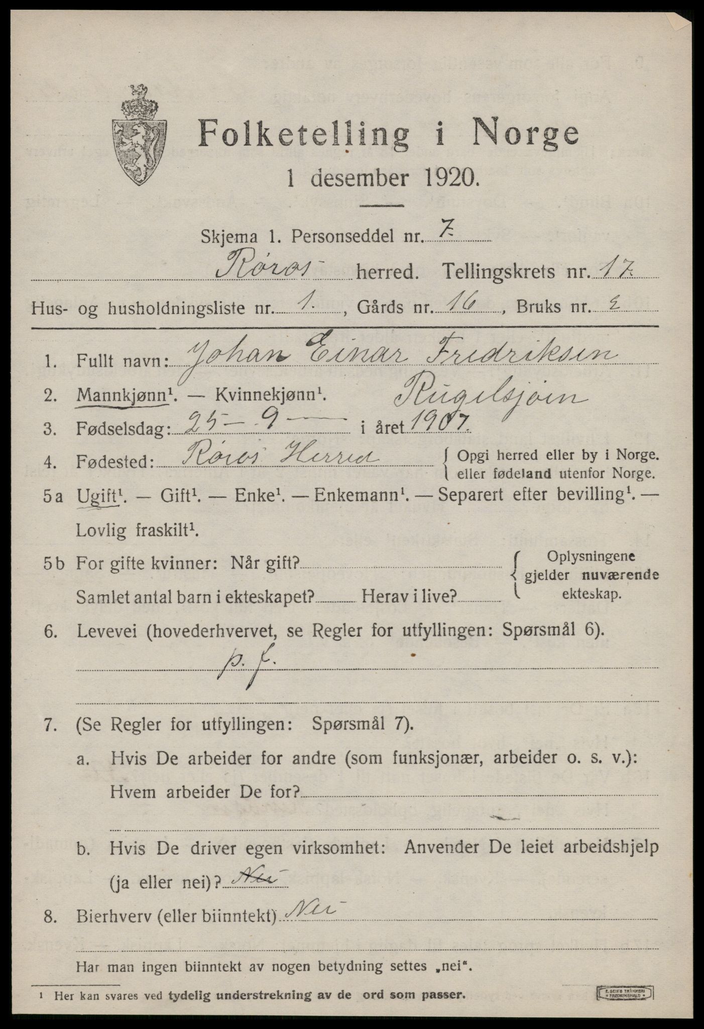 SAT, 1920 census for Røros, 1920, p. 11594