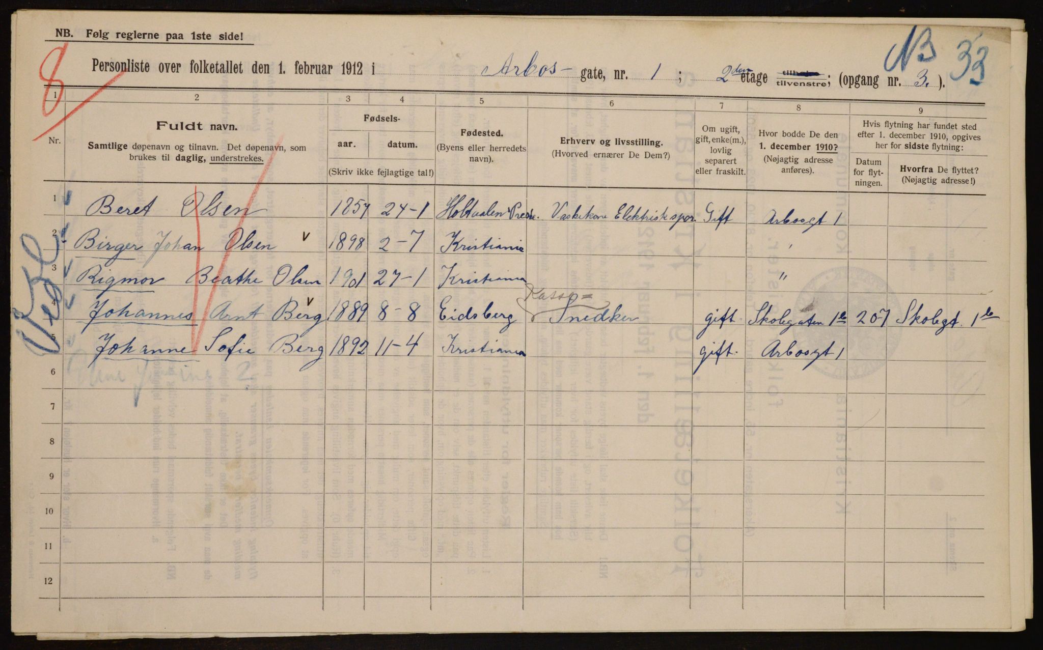 OBA, Municipal Census 1912 for Kristiania, 1912, p. 1670