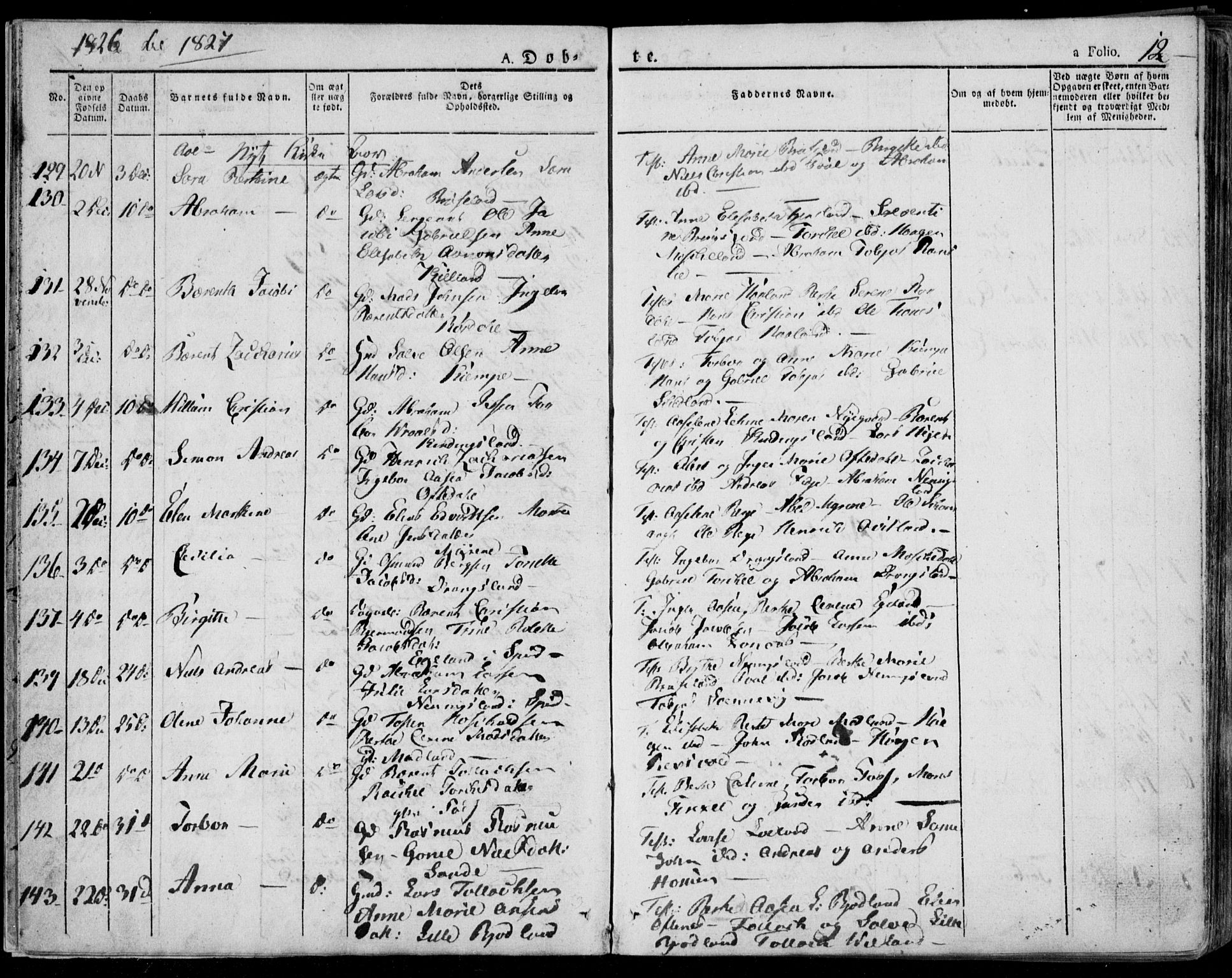 Lyngdal sokneprestkontor, AV/SAK-1111-0029/F/Fa/Fac/L0007: Parish register (official) no. A 7, 1825-1838, p. 12