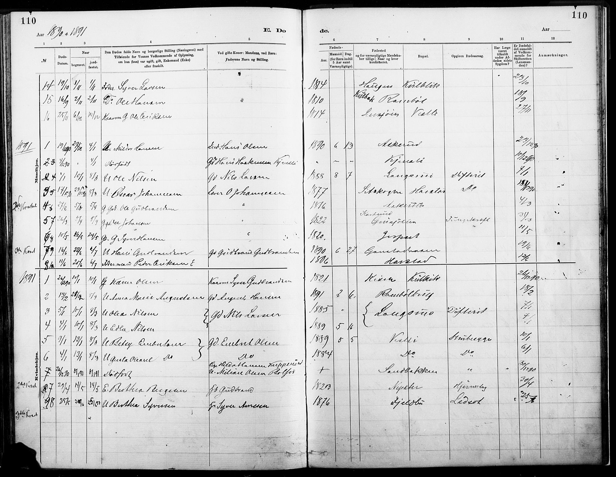 Eidskog prestekontor, SAH/PREST-026/H/Ha/Haa/L0004: Parish register (official) no. 4, 1884-1897, p. 110