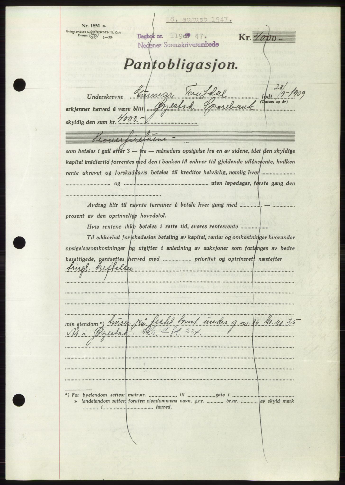 Nedenes sorenskriveri, AV/SAK-1221-0006/G/Gb/Gbb/L0004: Mortgage book no. B4, 1947-1947, Diary no: : 1190/1947