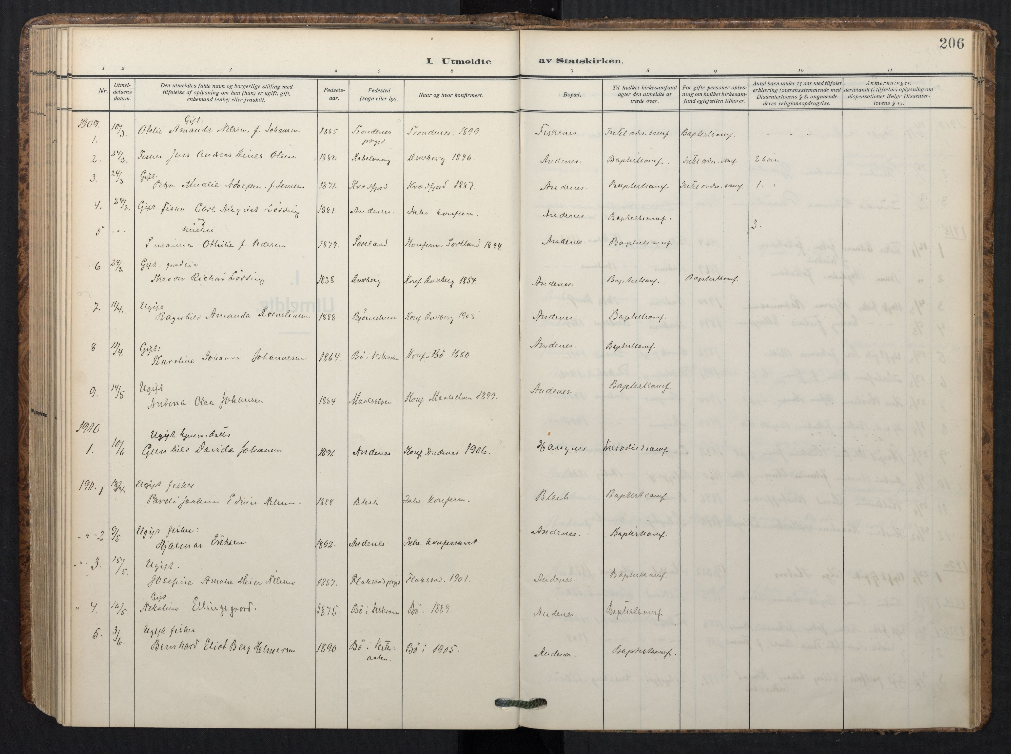 Ministerialprotokoller, klokkerbøker og fødselsregistre - Nordland, SAT/A-1459/899/L1438: Parish register (official) no. 899A06, 1909-1922, p. 206