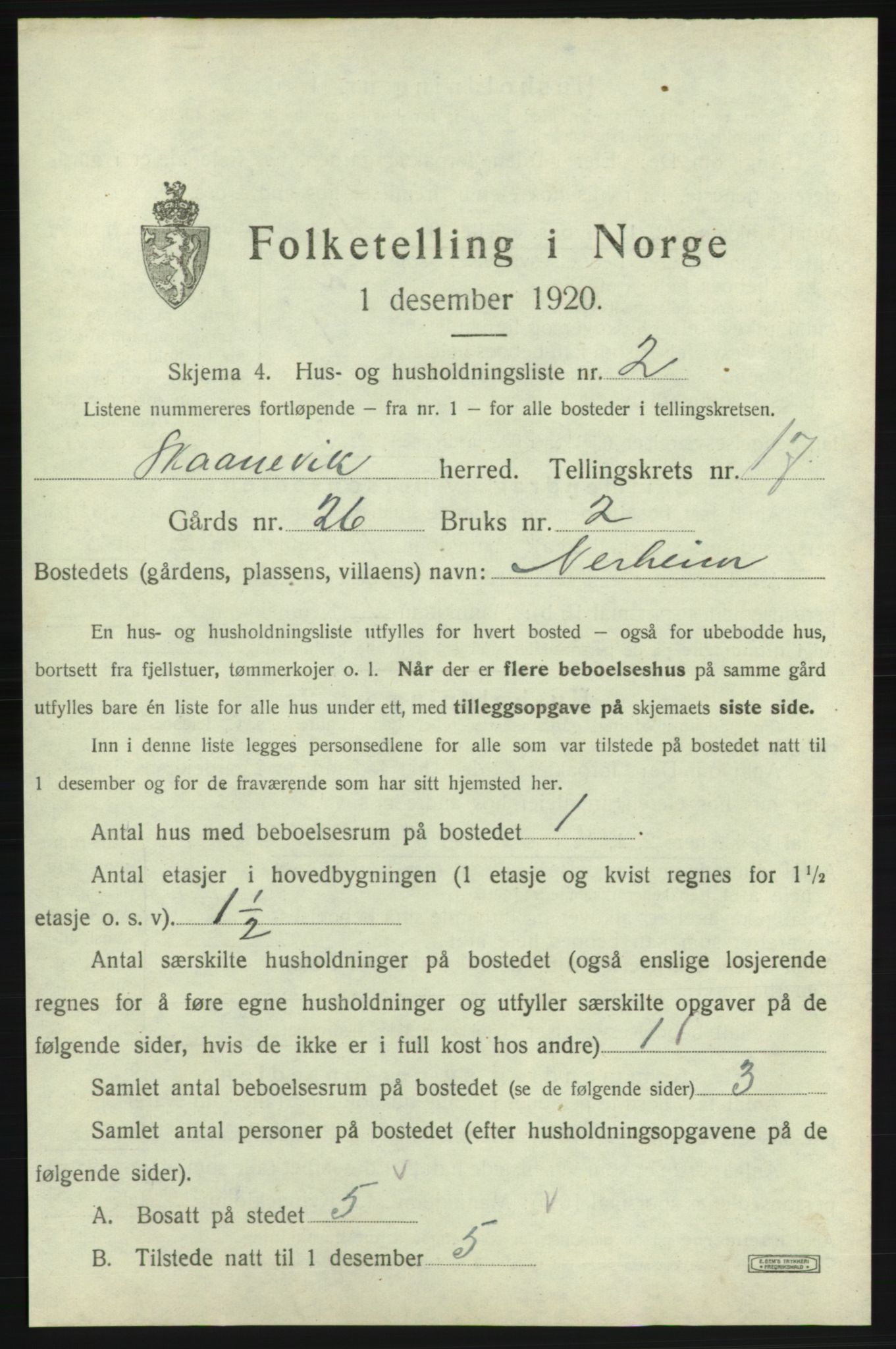 SAB, 1920 census for Skånevik, 1920, p. 1690
