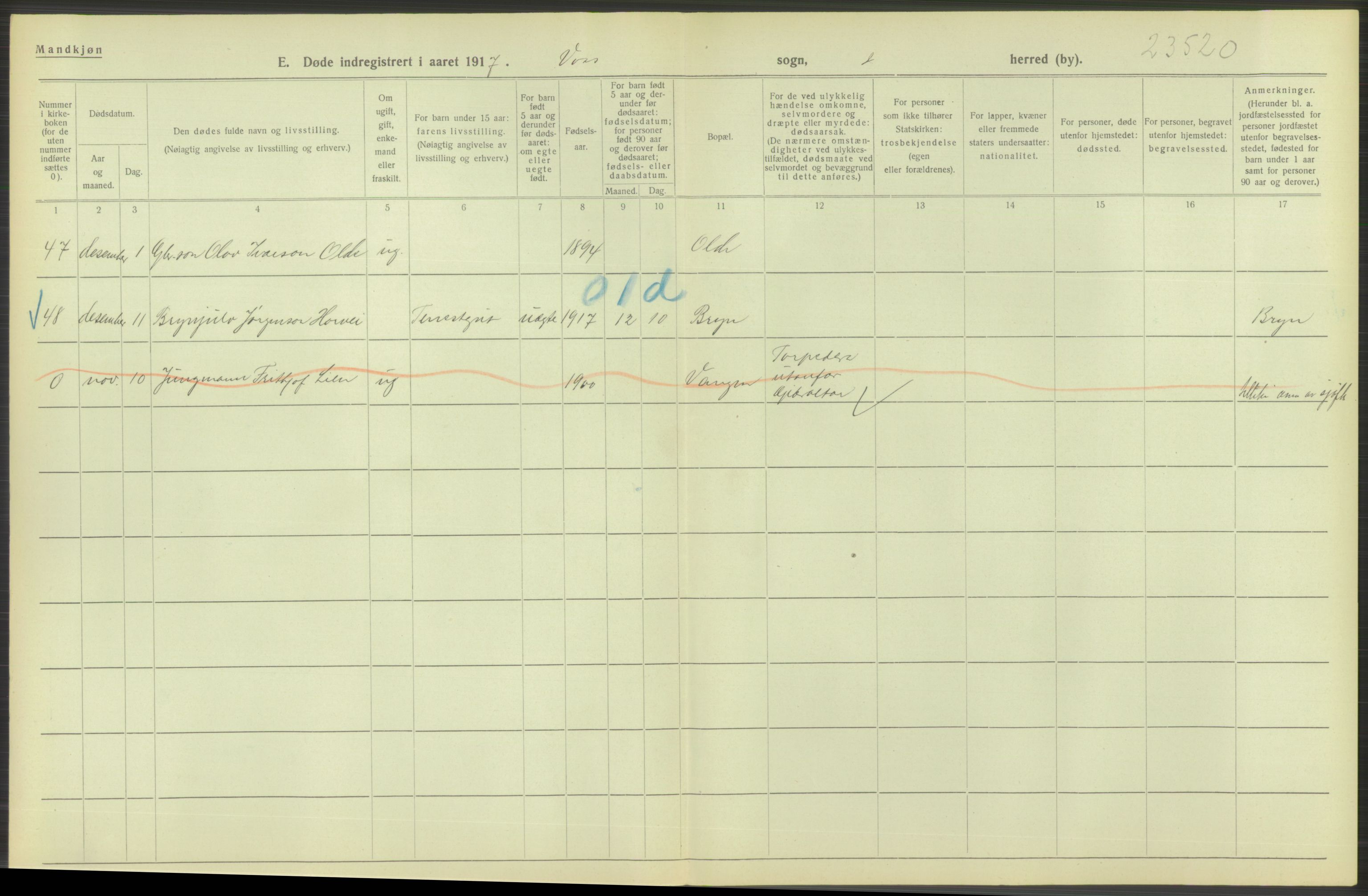 Statistisk sentralbyrå, Sosiodemografiske emner, Befolkning, RA/S-2228/D/Df/Dfb/Dfbg/L0036: S. Bergenhus amt: Døde, dødfødte. Bygder., 1917, p. 656