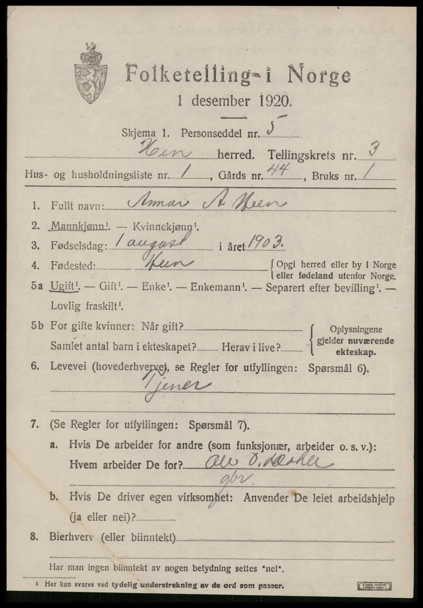 SAT, 1920 census for Hen, 1920, p. 1434