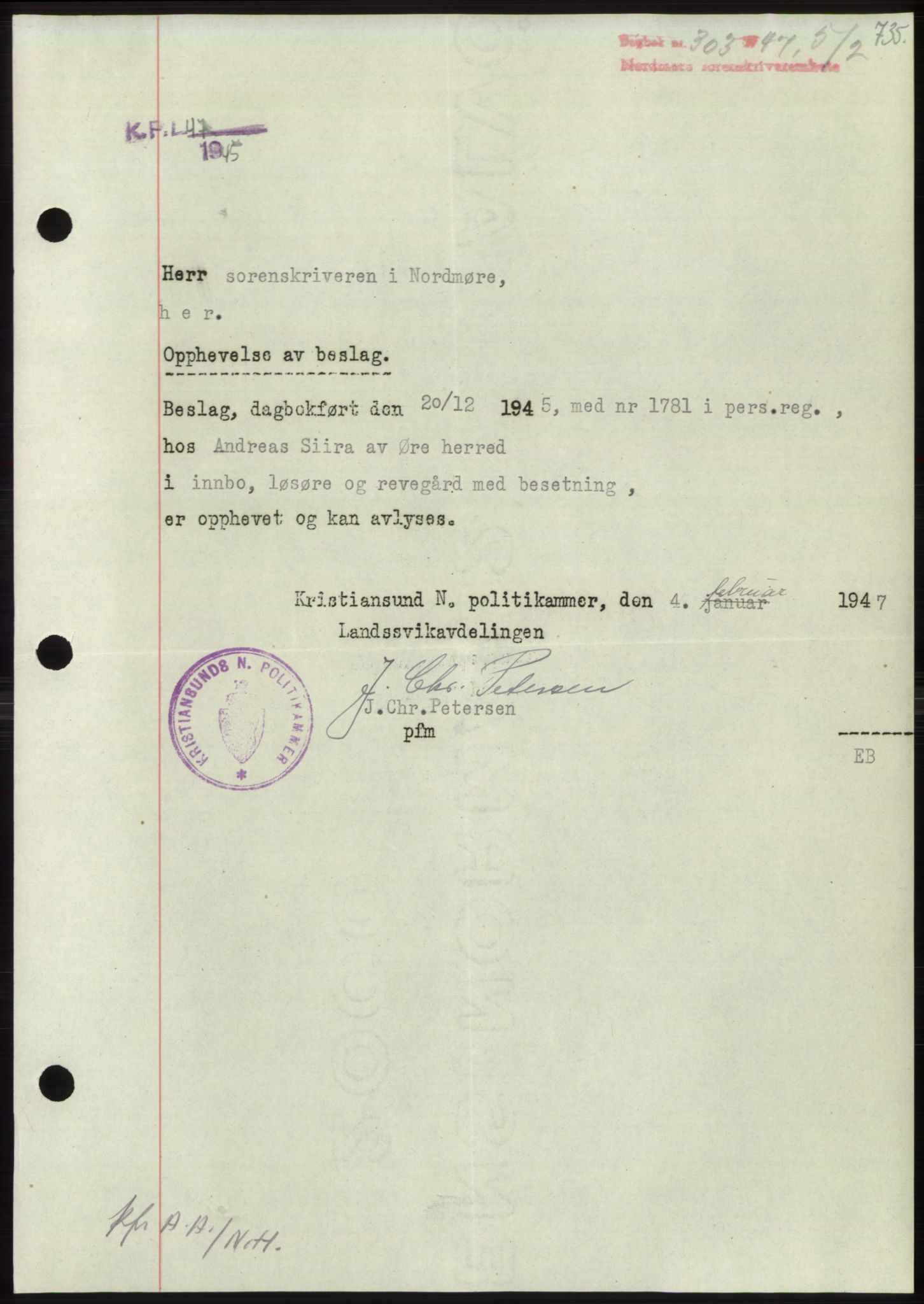 Nordmøre sorenskriveri, AV/SAT-A-4132/1/2/2Ca: Mortgage book no. B95, 1946-1947, Diary no: : 303/1947