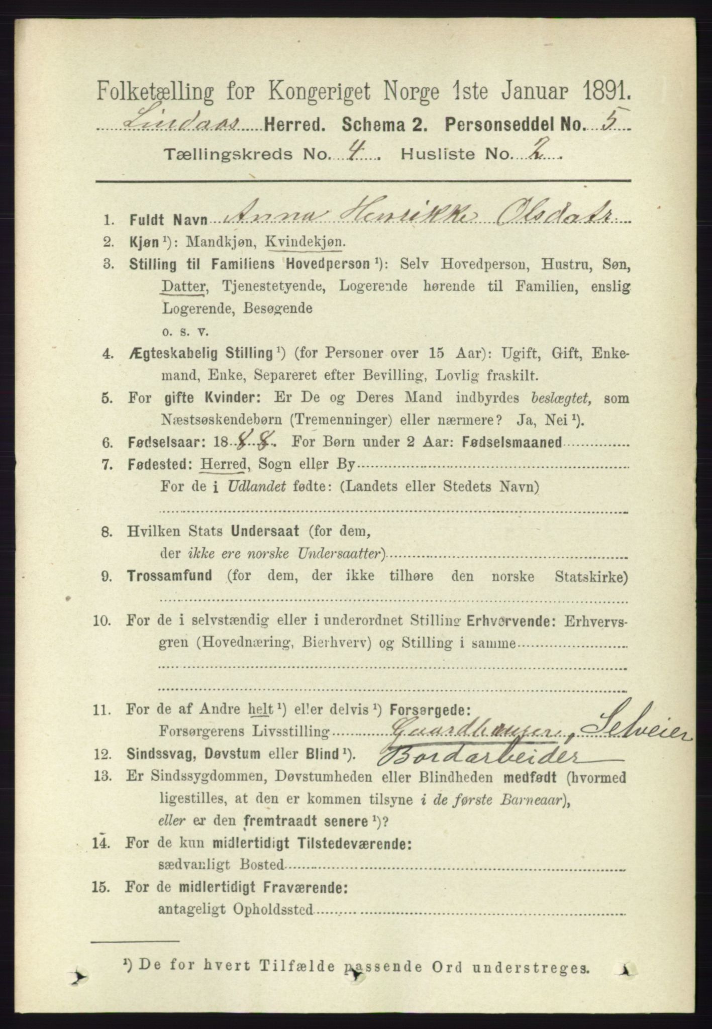 RA, 1891 census for 1263 Lindås, 1891, p. 1135