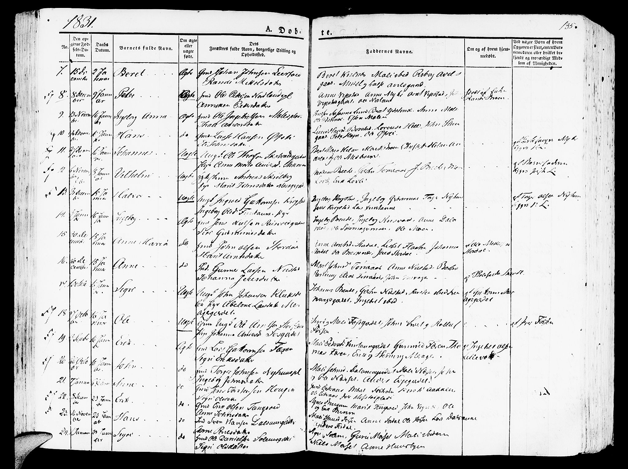 Ministerialprotokoller, klokkerbøker og fødselsregistre - Nord-Trøndelag, SAT/A-1458/709/L0070: Parish register (official) no. 709A10, 1820-1832, p. 135