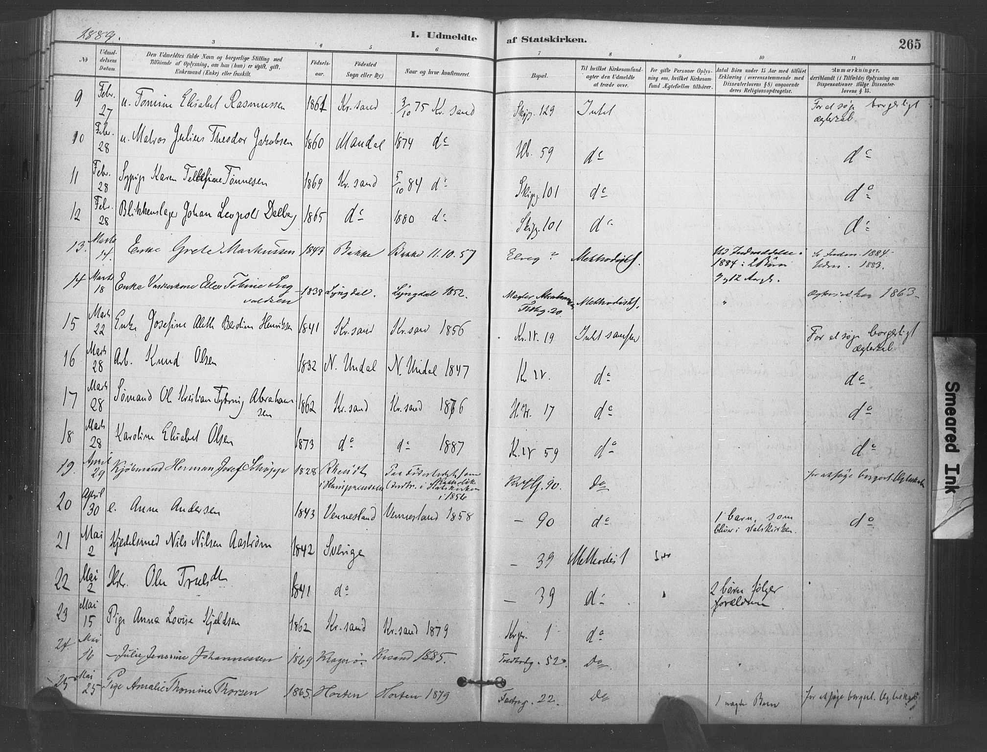 Kristiansand domprosti, AV/SAK-1112-0006/F/Fa/L0018: Parish register (official) no. A 17, 1880-1892, p. 265