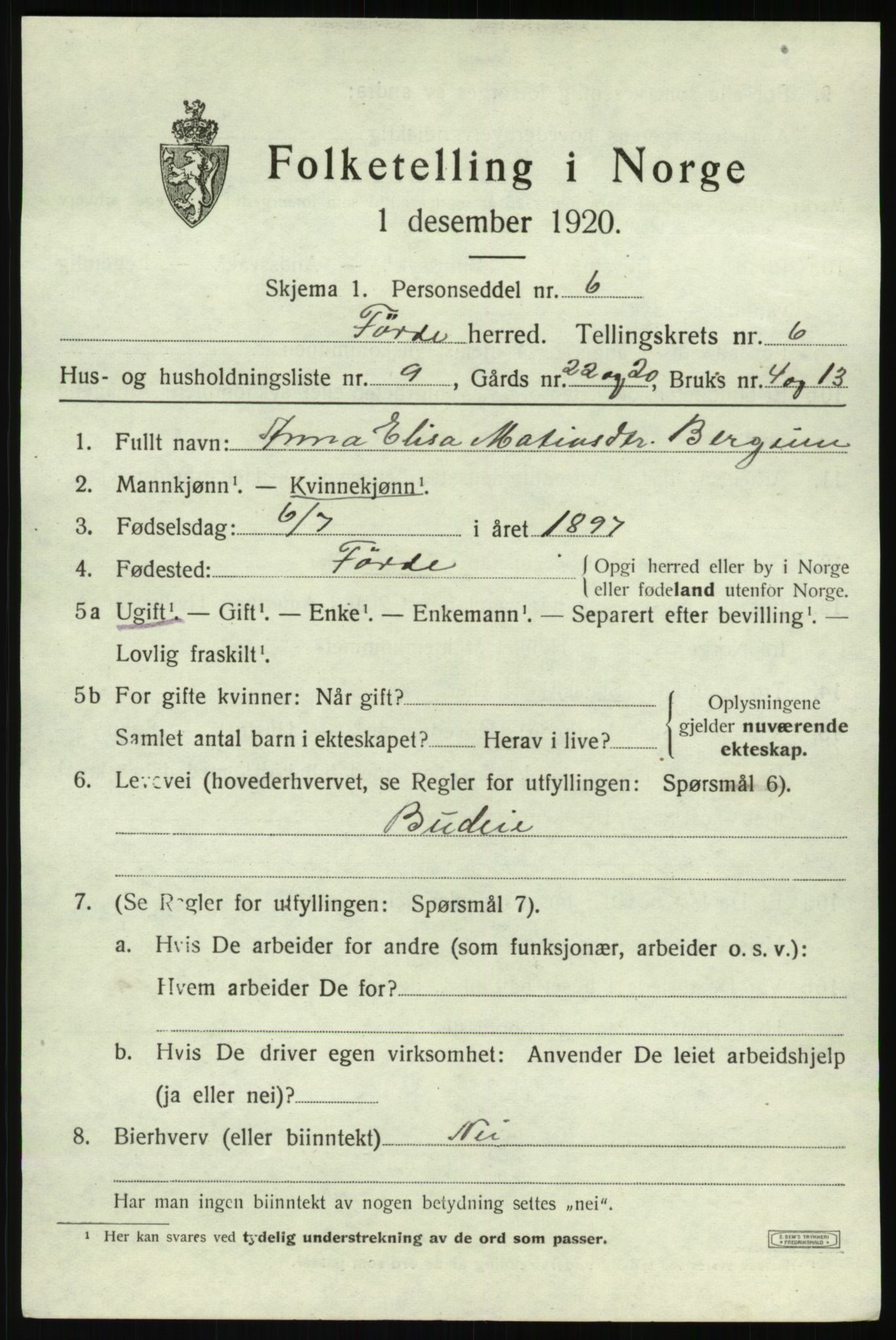 SAB, 1920 census for Førde, 1920, p. 2398