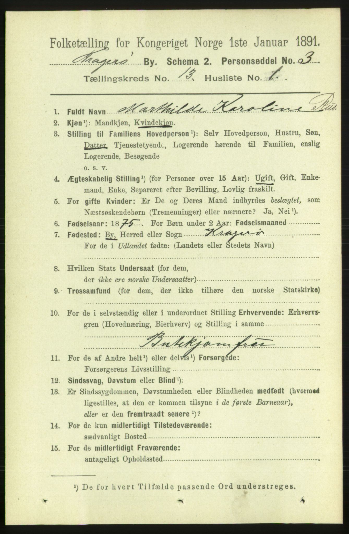 RA, 1891 census for 0801 Kragerø, 1891, p. 3977