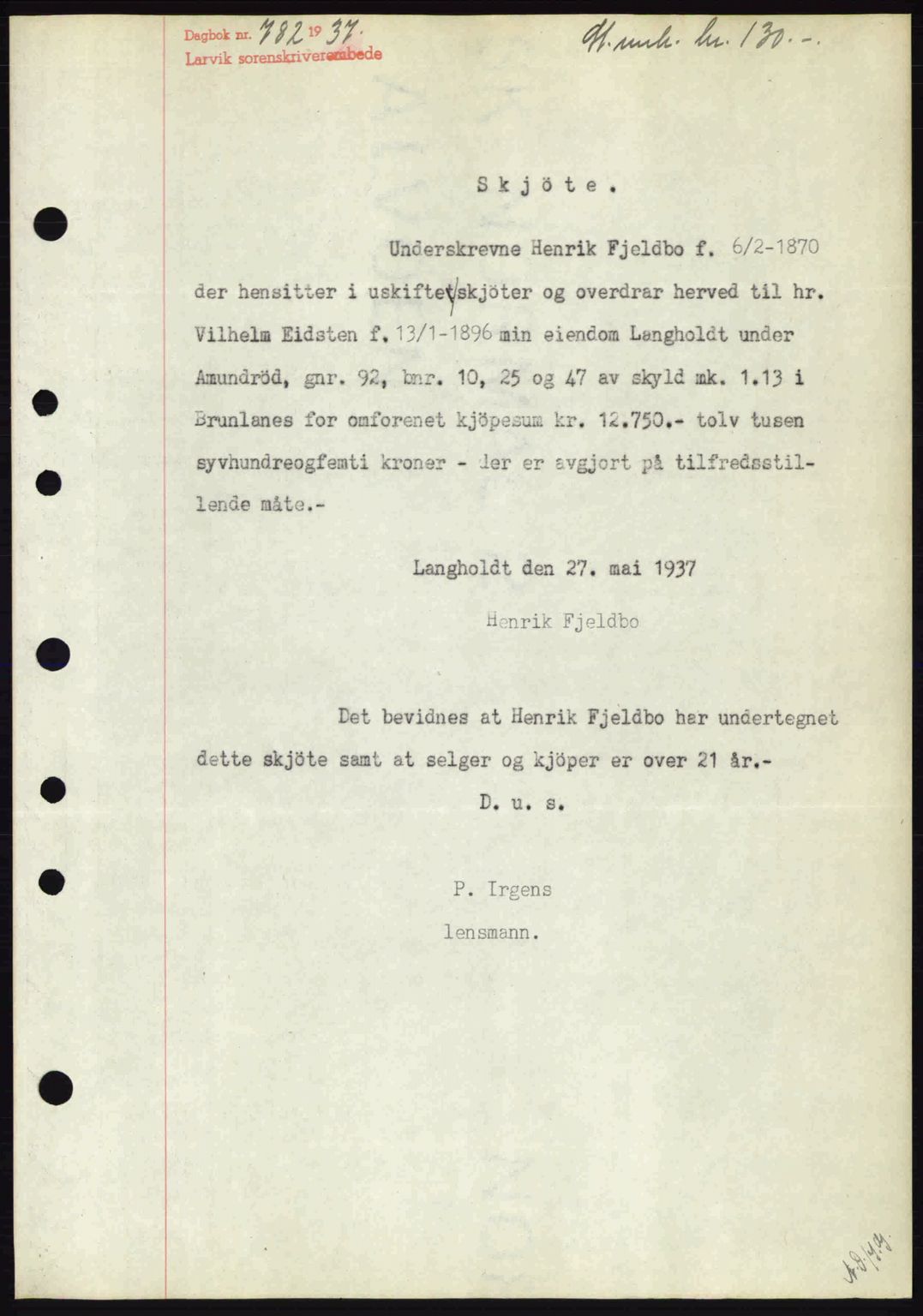 Larvik sorenskriveri, SAKO/A-83/G/Ga/Gab/L0067: Mortgage book no. A-1, 1936-1937, Diary no: : 782/1937