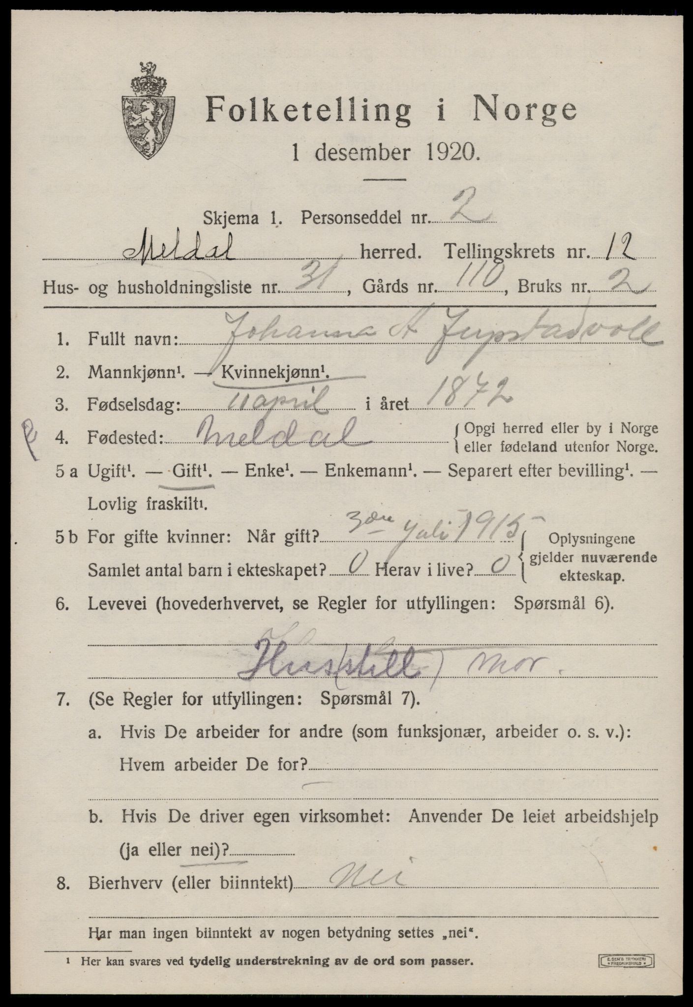 SAT, 1920 census for Meldal, 1920, p. 9467