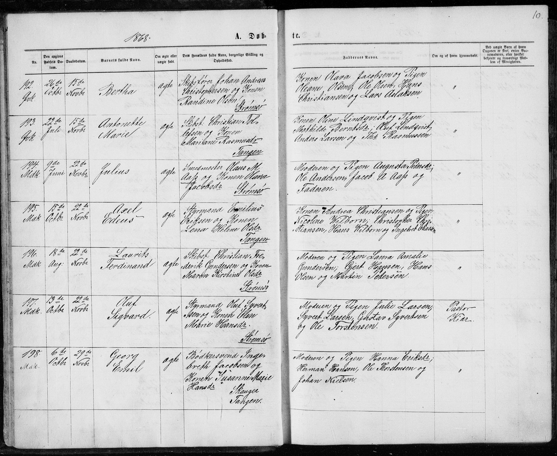 Strømsø kirkebøker, AV/SAKO-A-246/F/Fa/L0016: Parish register (official) no. I 16, 1868-1873, p. 10