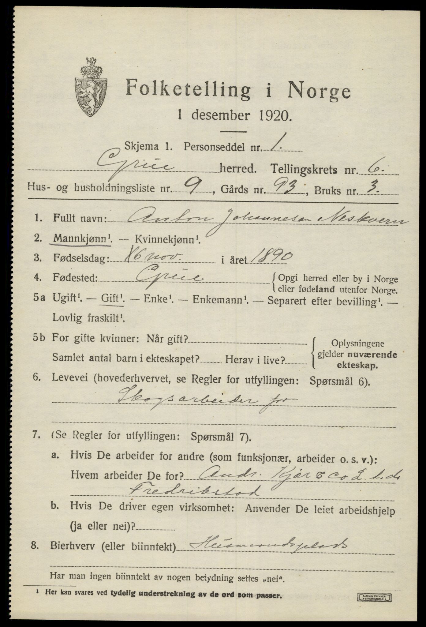 SAH, 1920 census for Grue, 1920, p. 6025