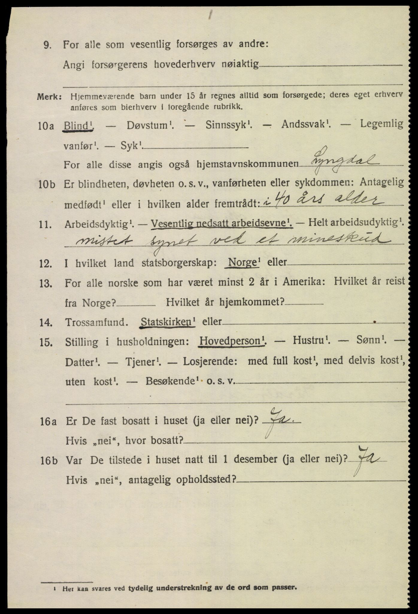 SAK, 1920 census for Lyngdal, 1920, p. 3960