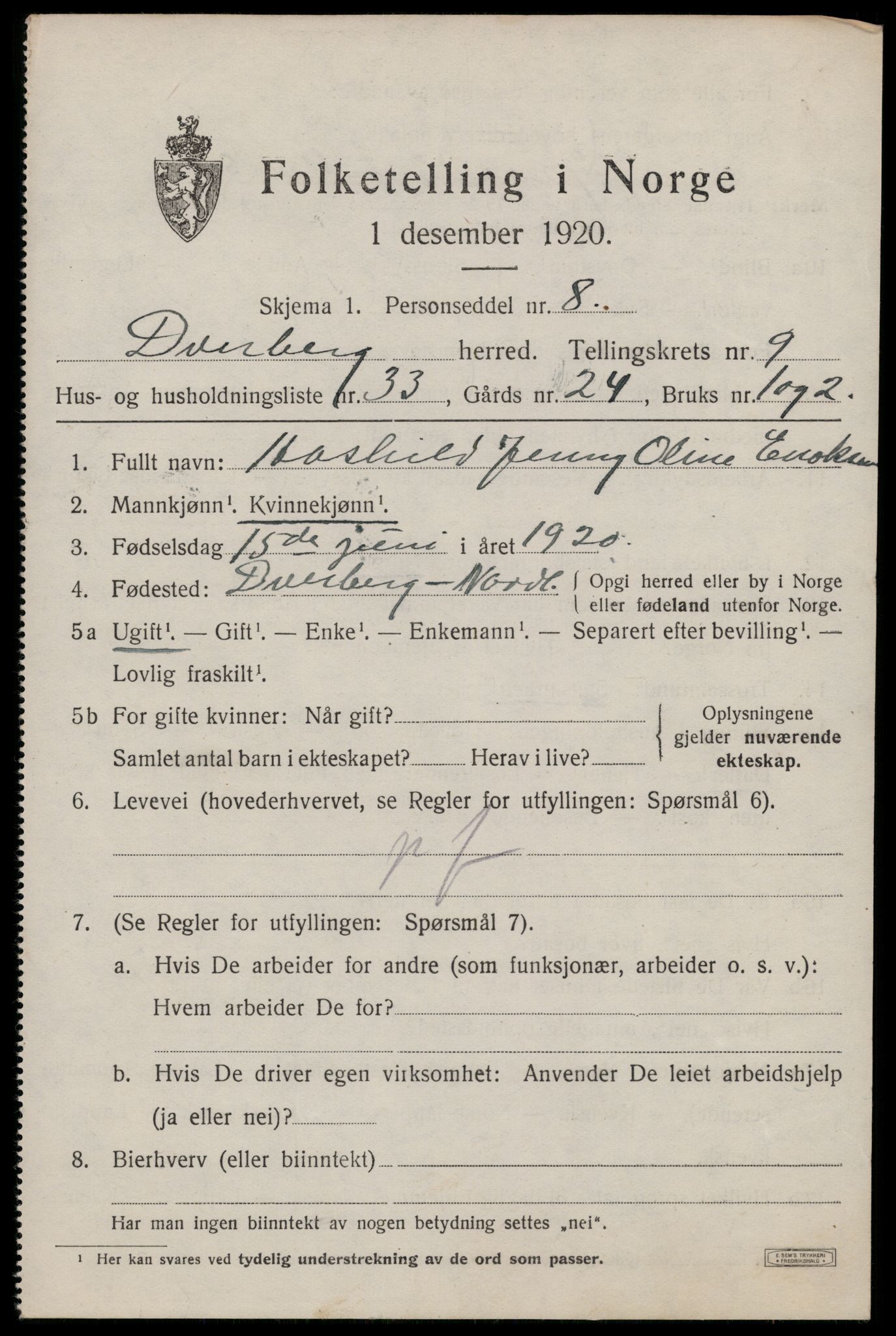 SAT, 1920 census for Dverberg, 1920, p. 8286