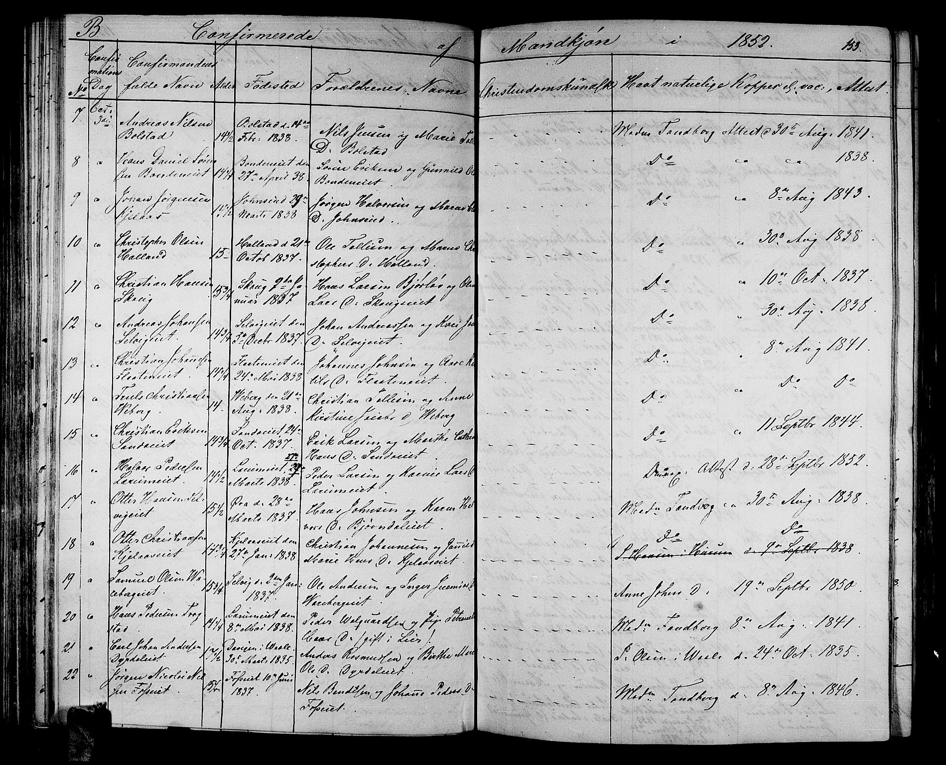 Sande Kirkebøker, AV/SAKO-A-53/G/Ga/L0002: Parish register (copy) no. 2, 1847-1863, p. 153