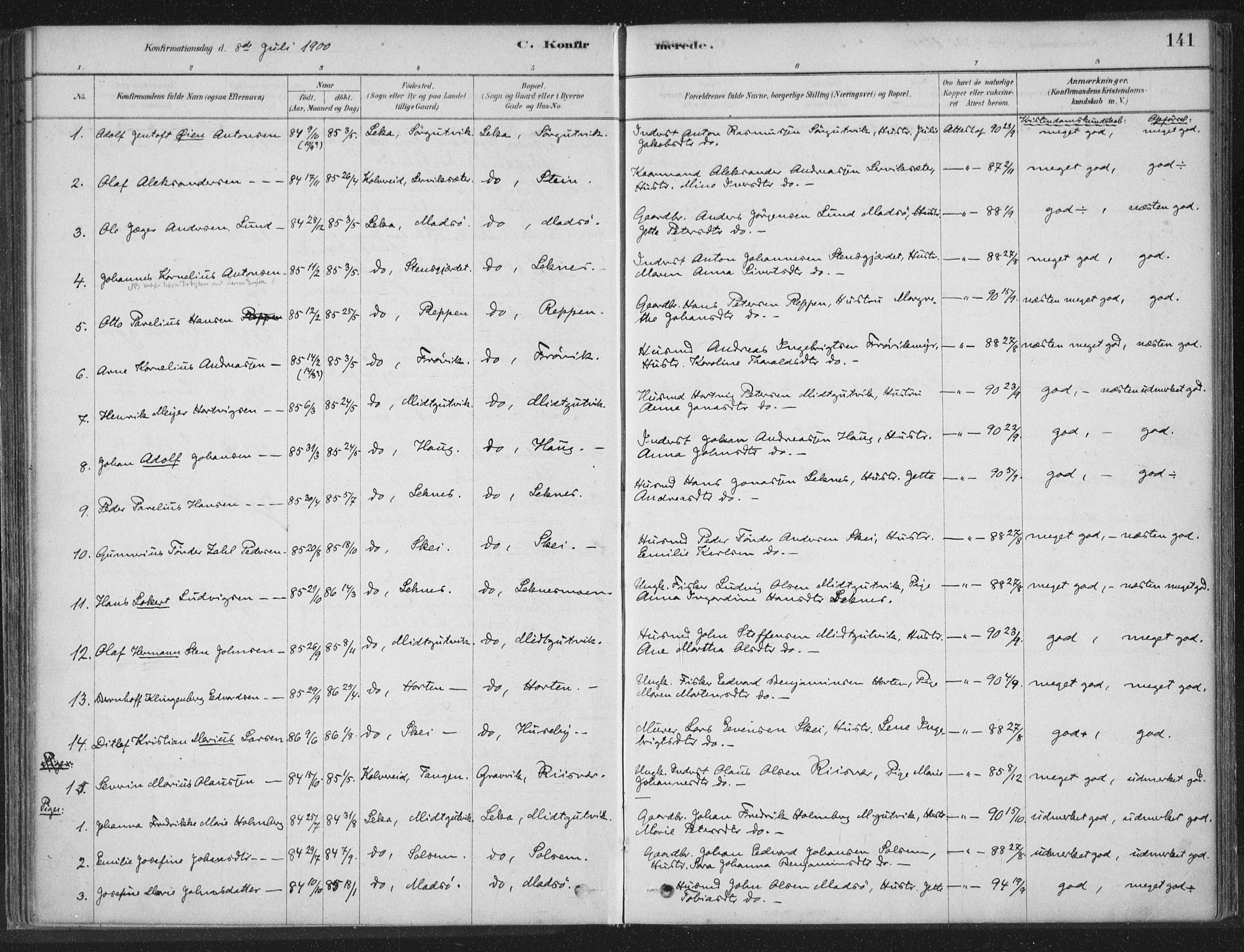 Ministerialprotokoller, klokkerbøker og fødselsregistre - Nord-Trøndelag, SAT/A-1458/788/L0697: Parish register (official) no. 788A04, 1878-1902, p. 141
