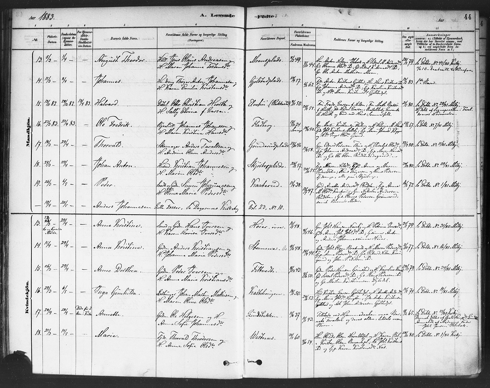 Rakkestad prestekontor Kirkebøker, AV/SAO-A-2008/F/Fa/L0012: Parish register (official) no. I 12, 1878-1893, p. 44