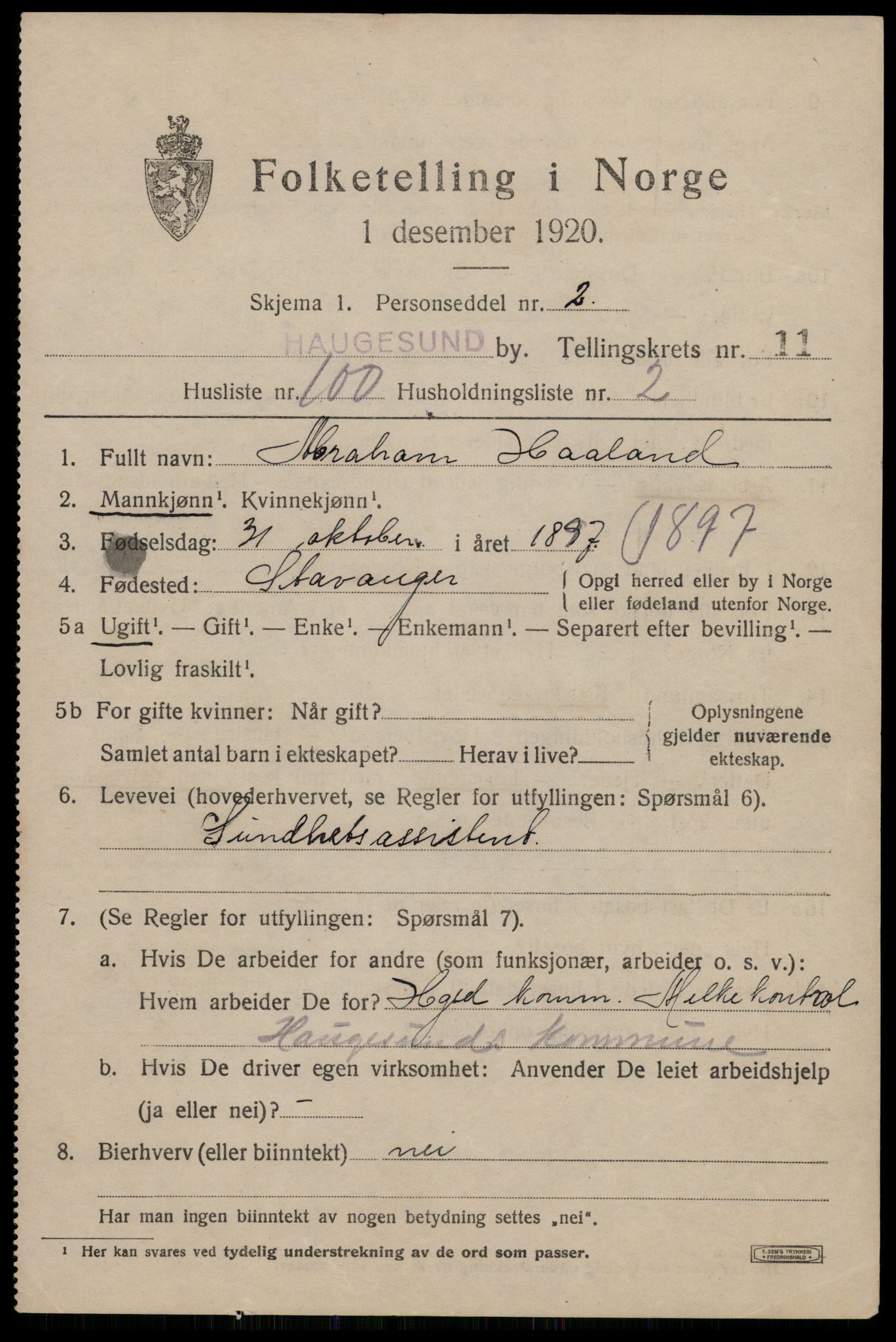 SAST, 1920 census for Haugesund, 1920, p. 37977