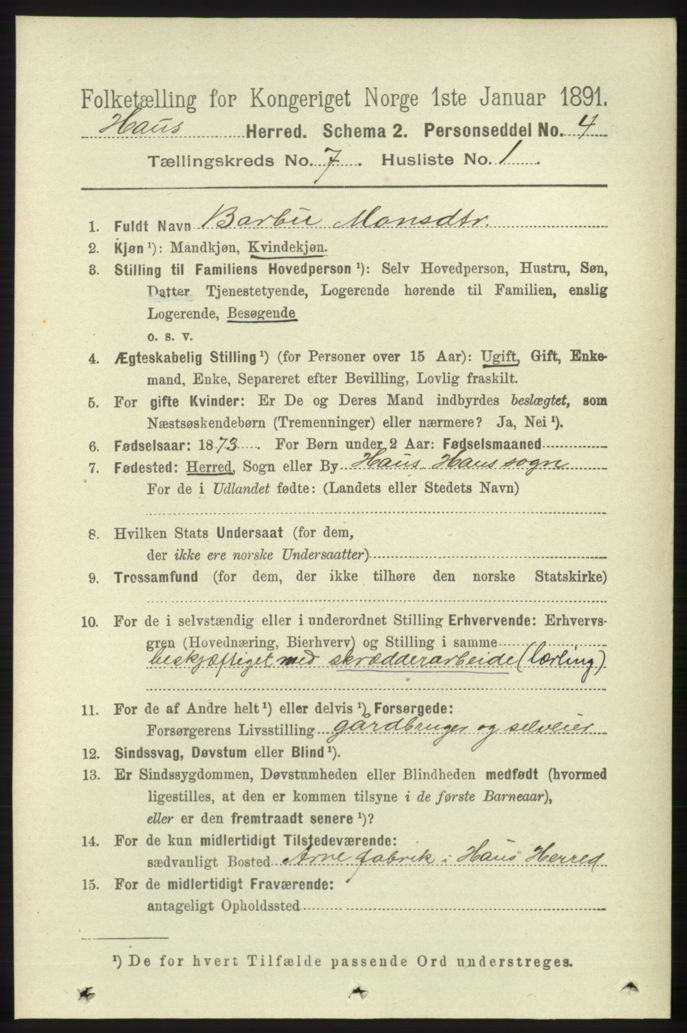 RA, 1891 census for 1250 Haus, 1891, p. 2653