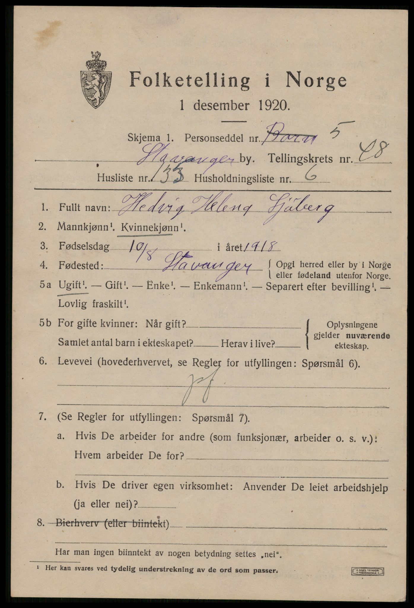 SAST, 1920 census for Stavanger, 1920, p. 118582