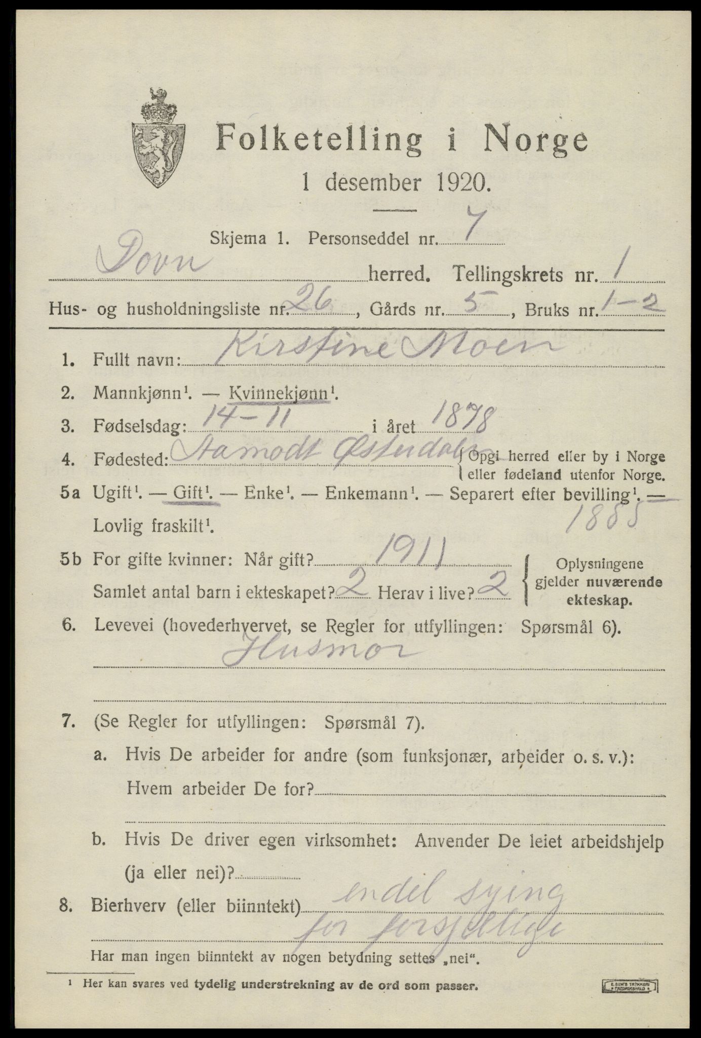 SAH, 1920 census for Dovre, 1920, p. 1242